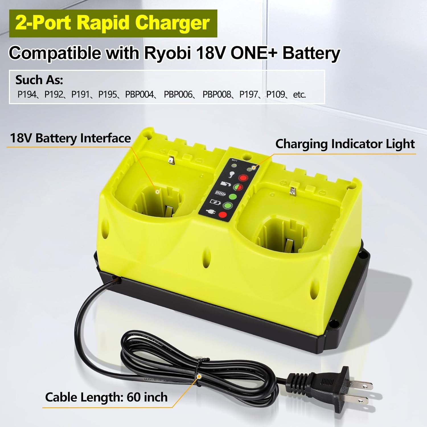 Rapid Charger Station 2 Ports for Ryobi 18v Battery Fast Charger for Emergencies