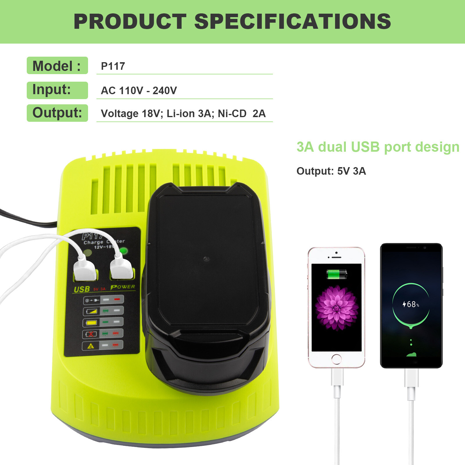P117 Charger For RYOBI P108 18V For One+ Plus High Capacity Lithium-Ion Battery✅