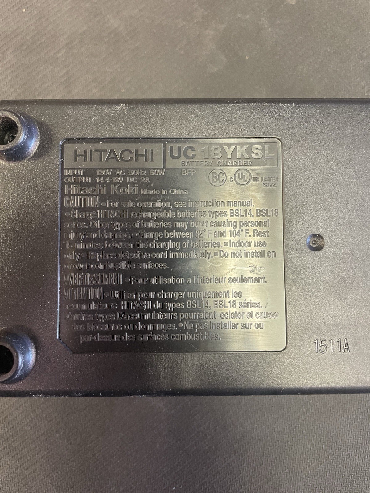 HITACHI UC18YKSL Lithium Battery Charger 14.4V- 18V