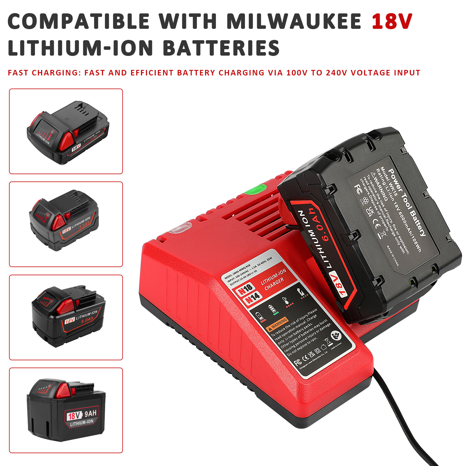 8.0Ah 6.0Ah For M18 Battery For MILWAUKEE Cordless LITHIUM-ION 48-11-1860 Tools