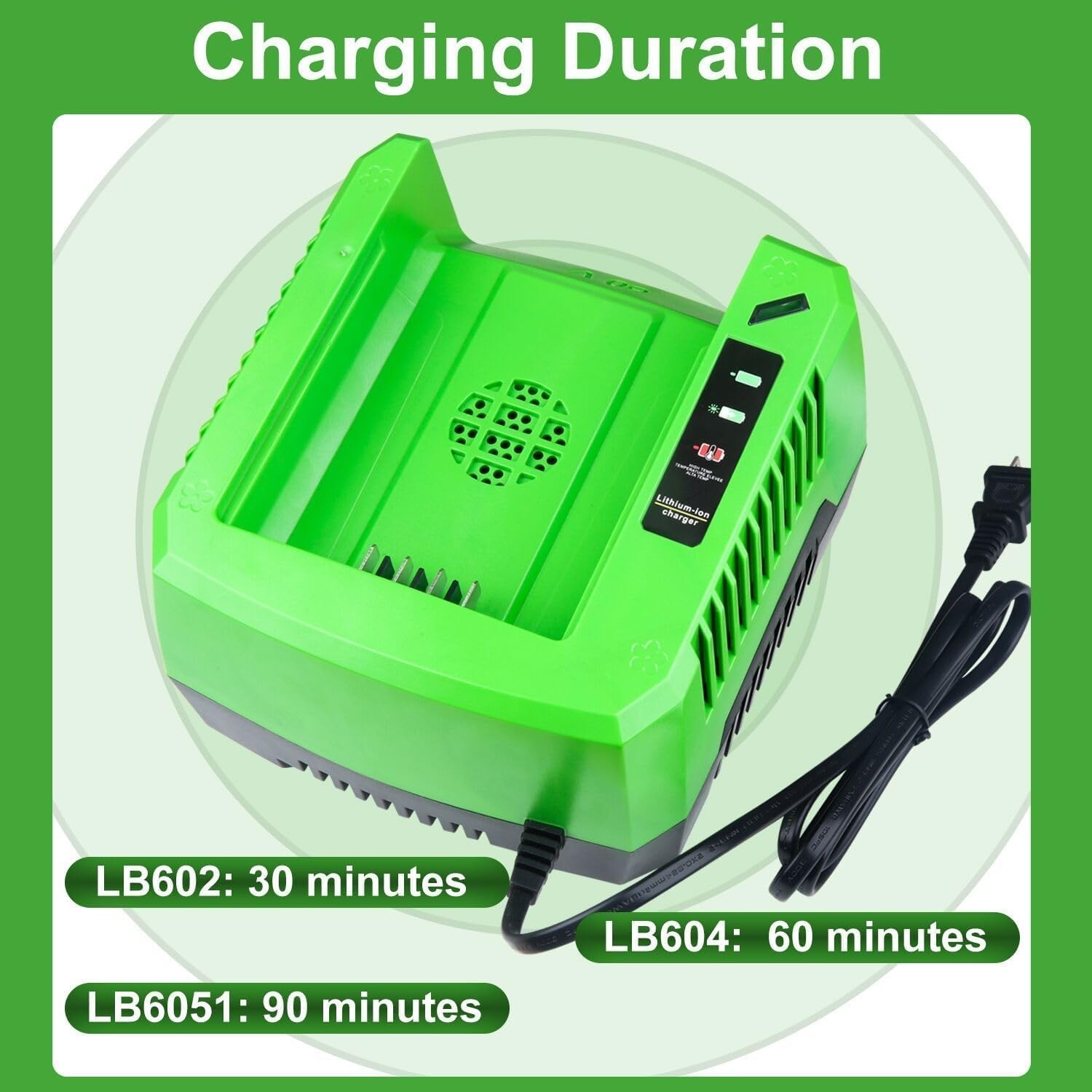 Quick Charge Greenworks 60V Charger with LED Indicator & Safety Features