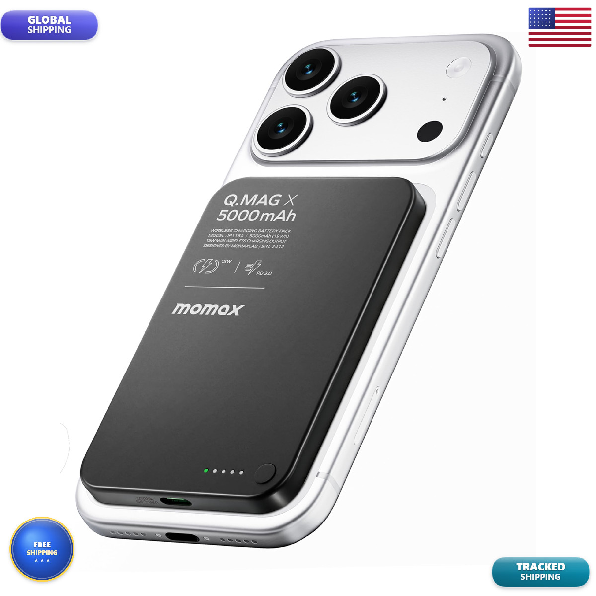 Momax Magnetic Power Bank 5000Mah Ultra Slim 0.3Inch 20W Charging Wireless