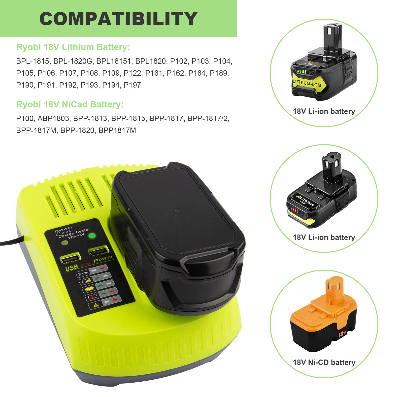 Fast Charger 18V LED For Ryobi One+ Plus P108 Li-ion Battery P117 P107 RB18L50