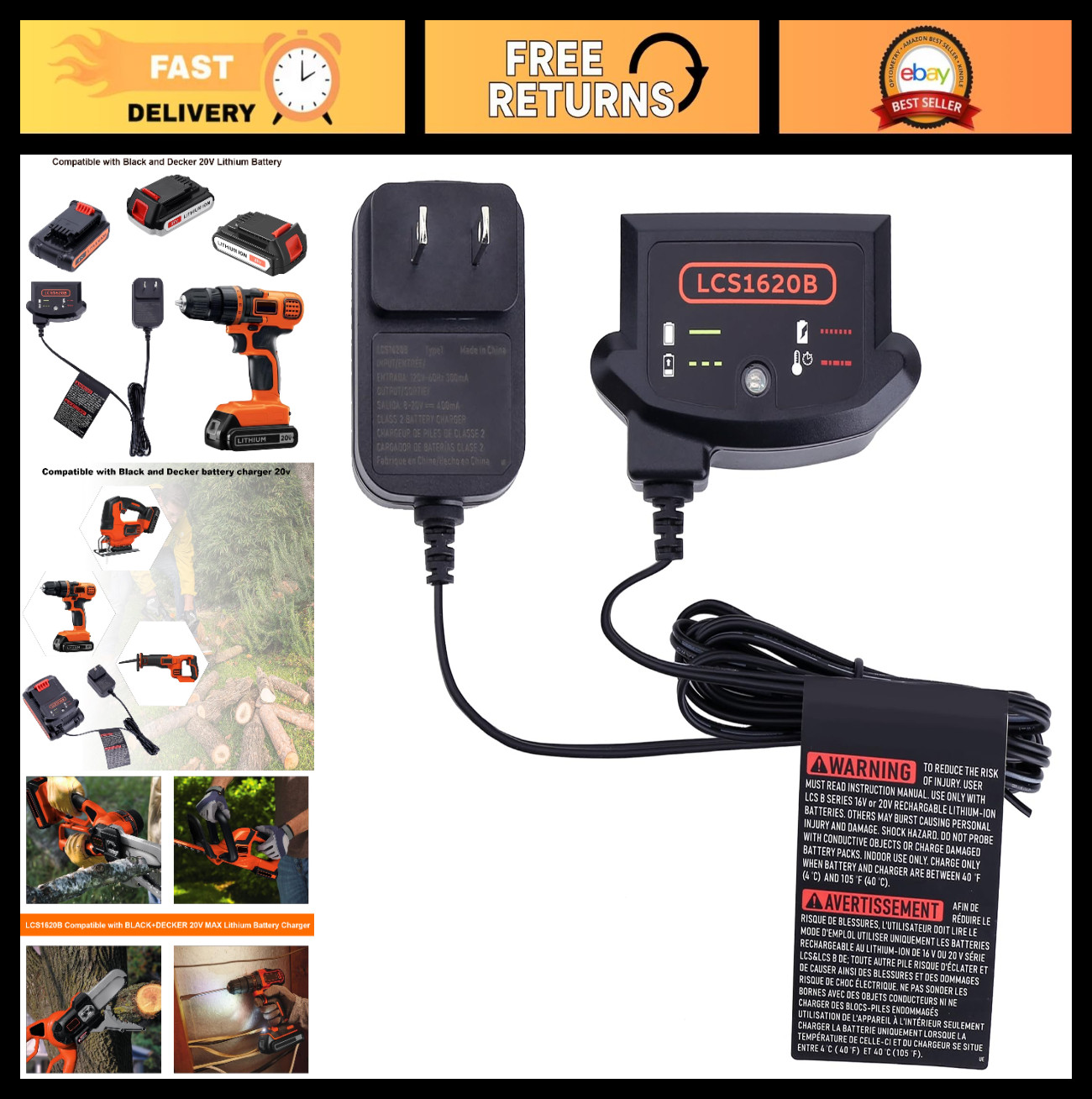 20V Lithium Battery Charger Compatible with Black & Decker 12V/20V MAX Batteries