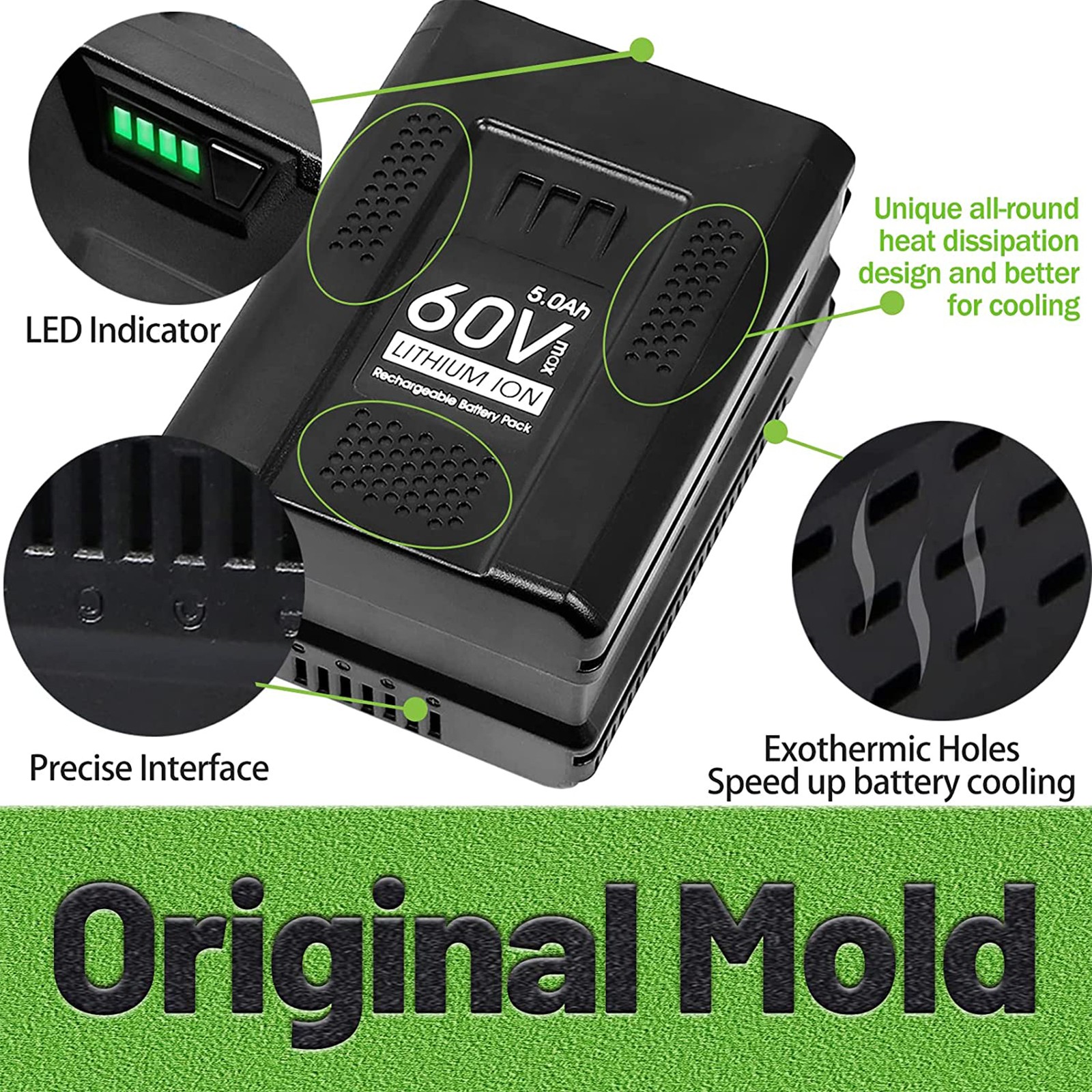 2Pack 5.0Ah Li-Ion Battery + 6A Rapid Charger Kit For Greenworks LB605 LB60A01