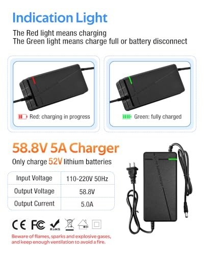 Super Fast 58.8V 3A/5A Charger for 52V Lithium Battery, Cooling System, 2 Plugs