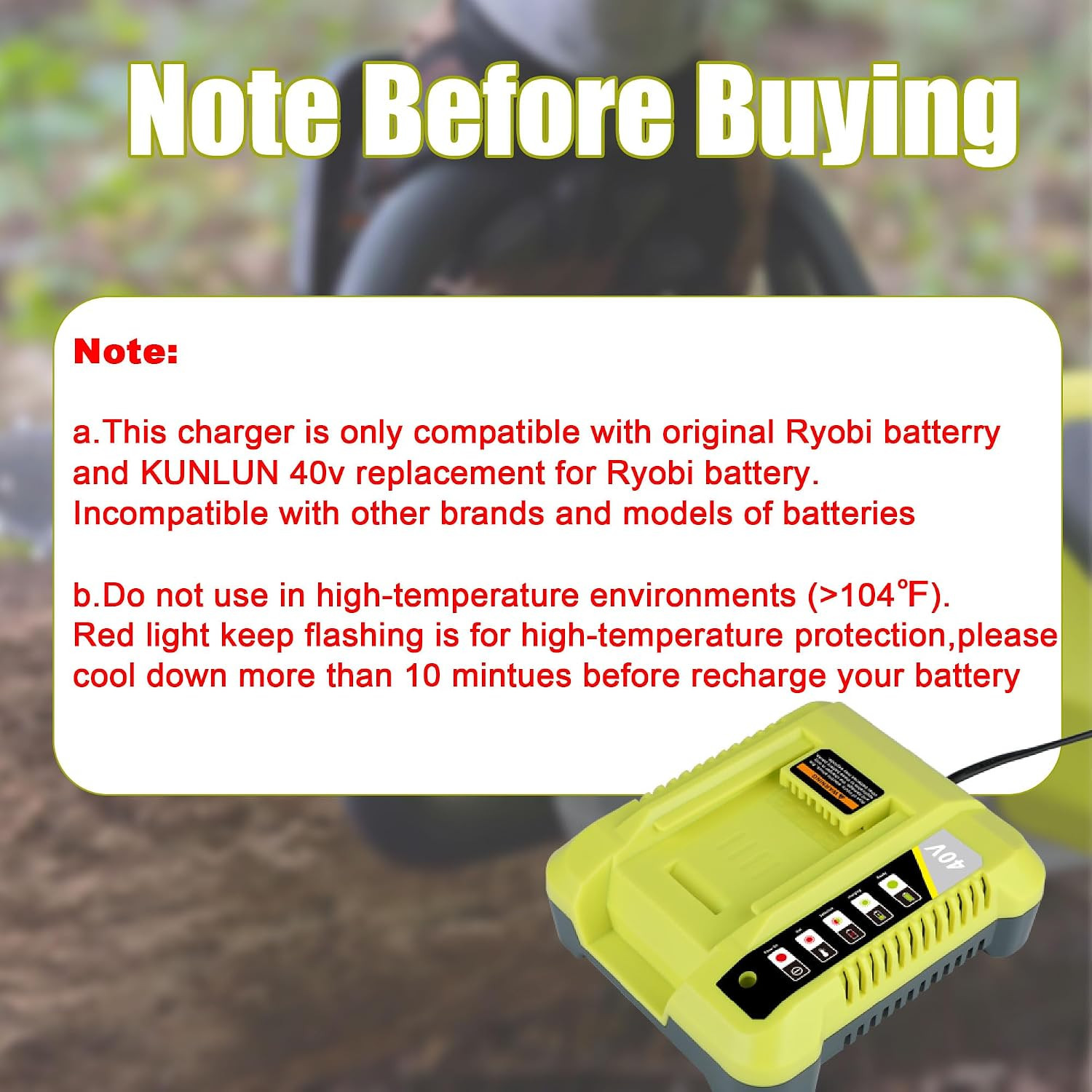 KUNLUN OP401 40-Volt Battery Lithium-Ion Charger for Ryobi 40V OP4050A OP4026 OP
