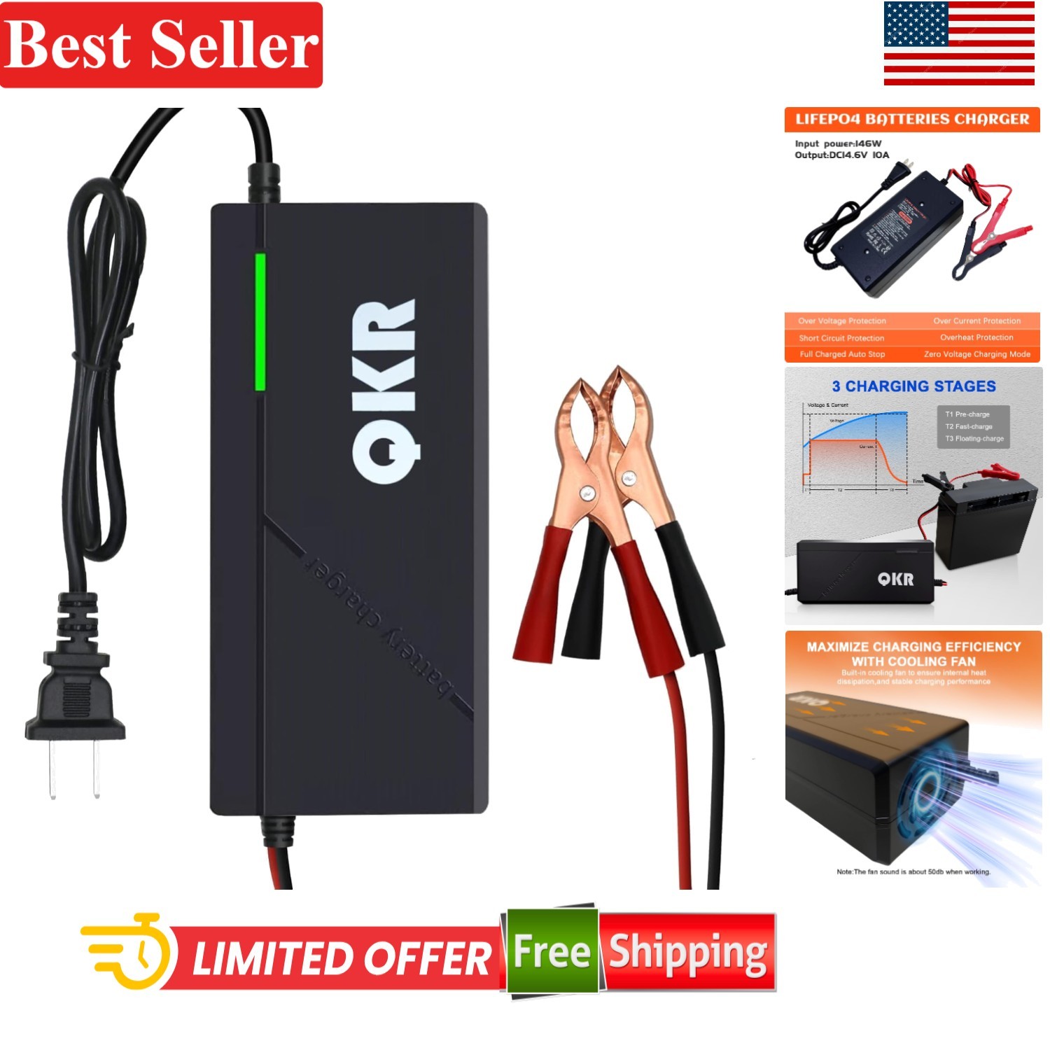 12V LiFePO4 Smart Battery Charger 14.6V 10A with LED Indicator & Safety Features