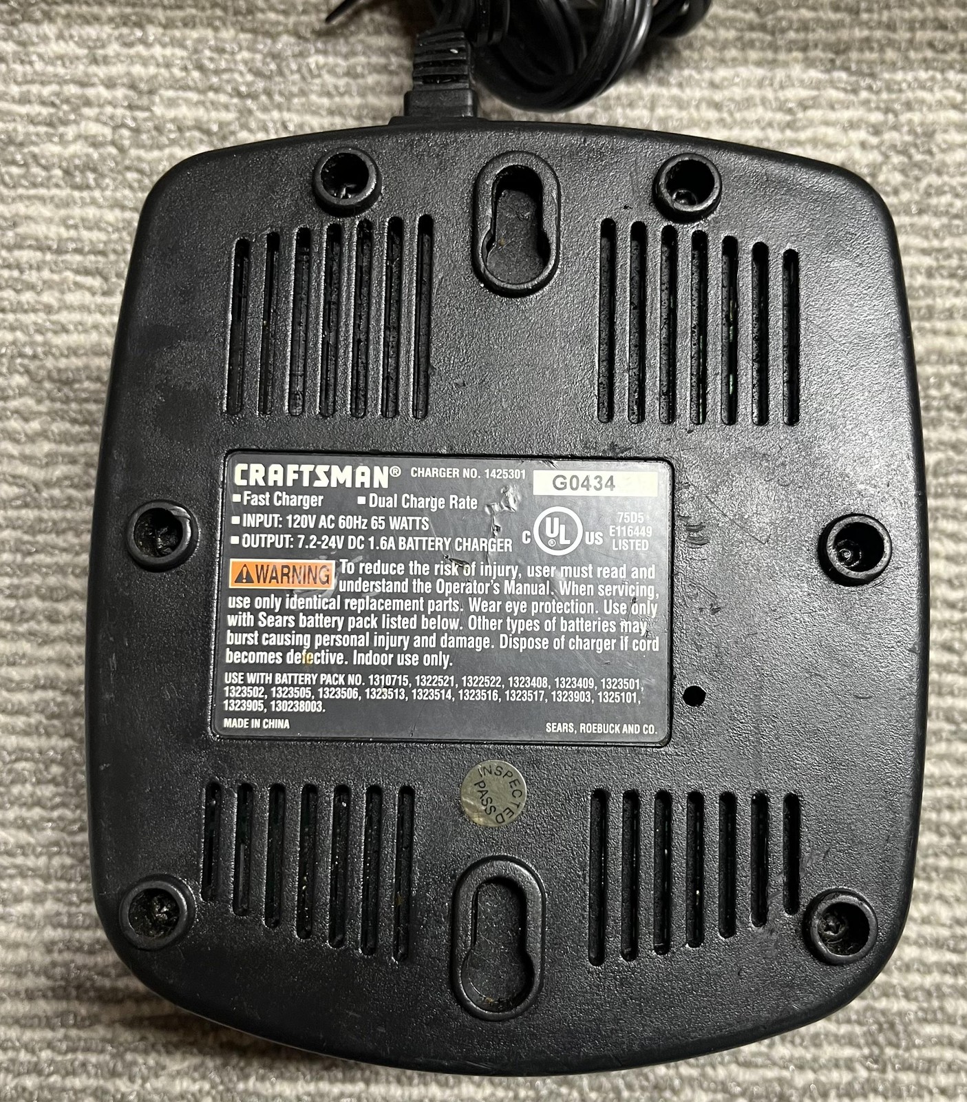 Craftsman 1425301 One Hour Battery Charger 7.2-24V 120V AC Power Tool Black