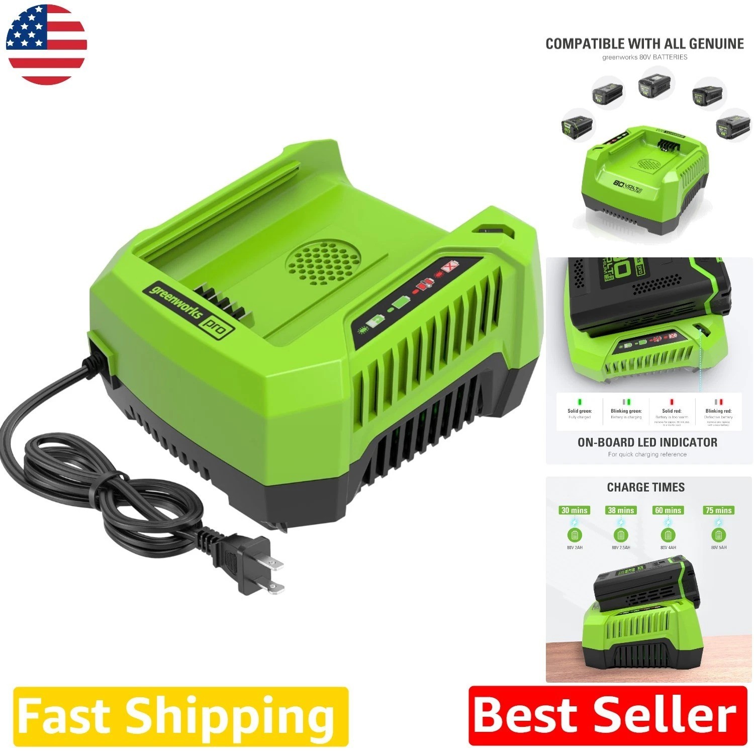PRO 80V Rapid Charger Greenworks Lithium Ion Single Port Fast Charge