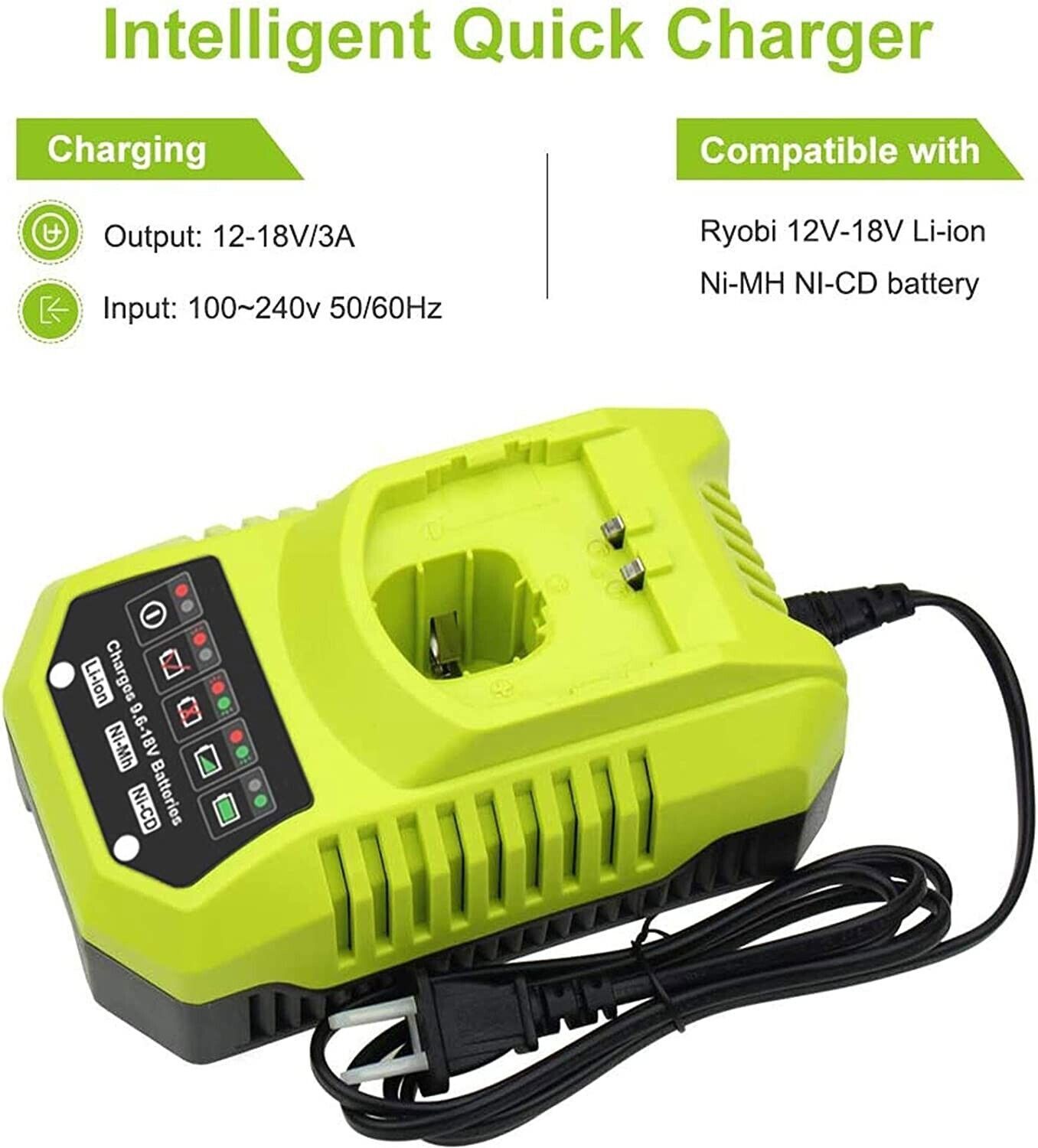 1-2Pack Replace for Ryobi Battery/Charger 18V PLUS 4.8Ah NIMH P100 13022 ABP1801
