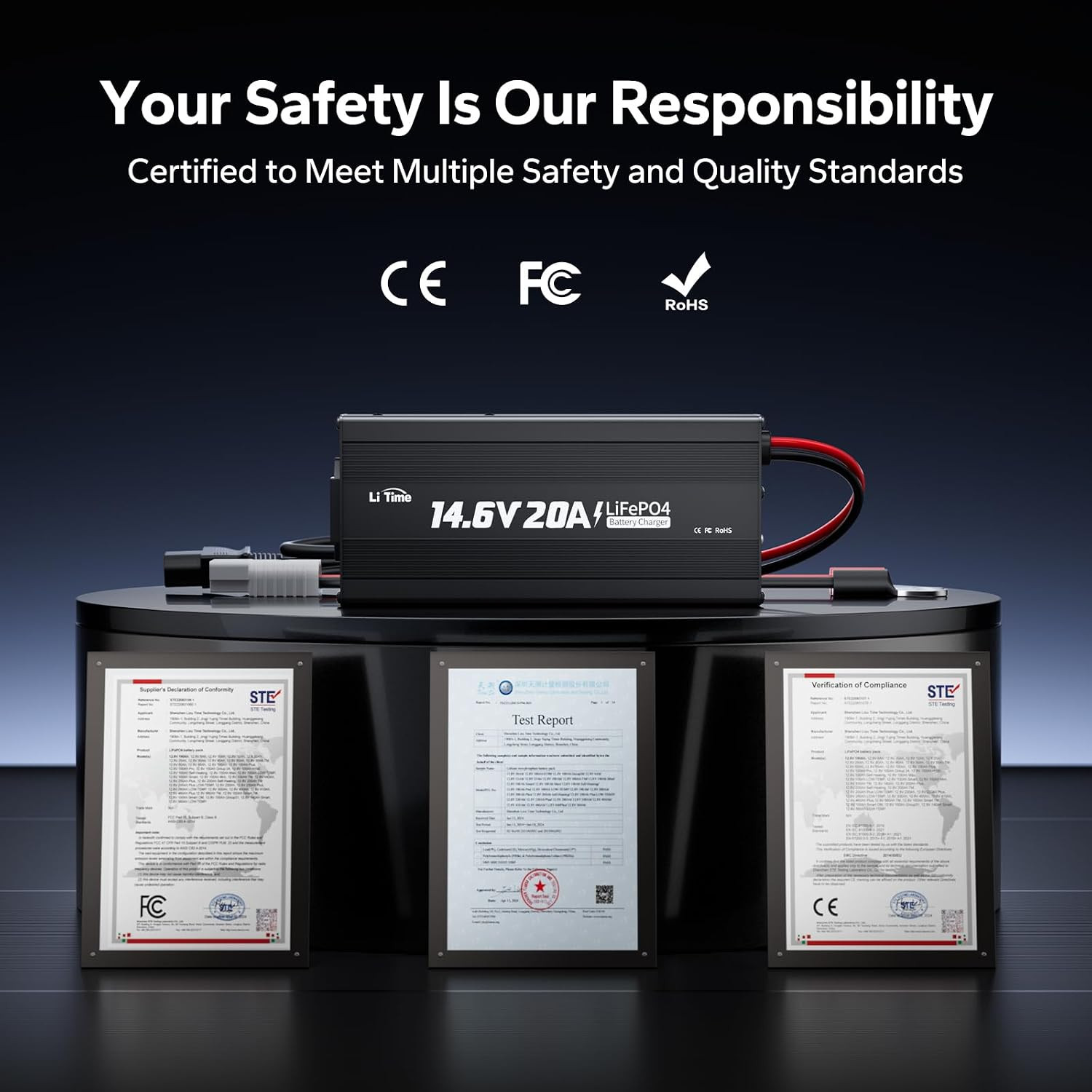 LiTime 12V 20A Lithium Battery Charger, AC-DC Charger with Anderson Connector &