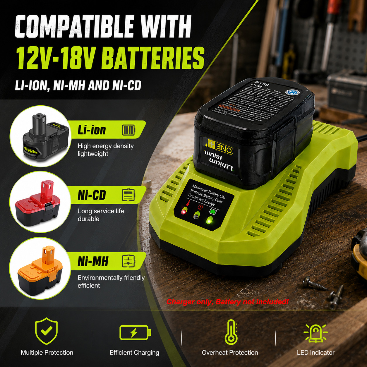 18V Battery Charger for Ryobi ONE+ 18V Cordless Tool Battery Replacement P117