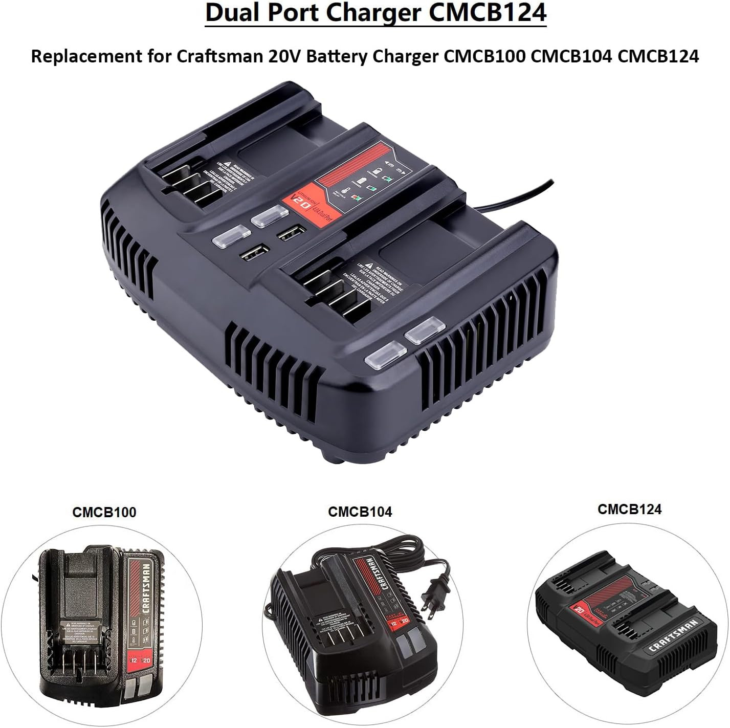 CMCB124 Dual Port V20 Battery Fast Charger Replacement for Craftsman 20V MAX V20