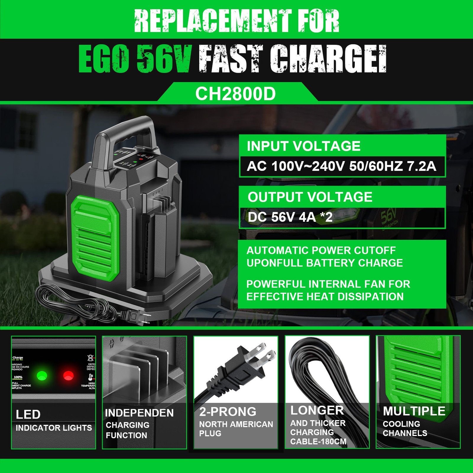 Fast CH2800D Dual Port Charger for EGO Power+ 56V Battery BA2800T BA4200T BA1400