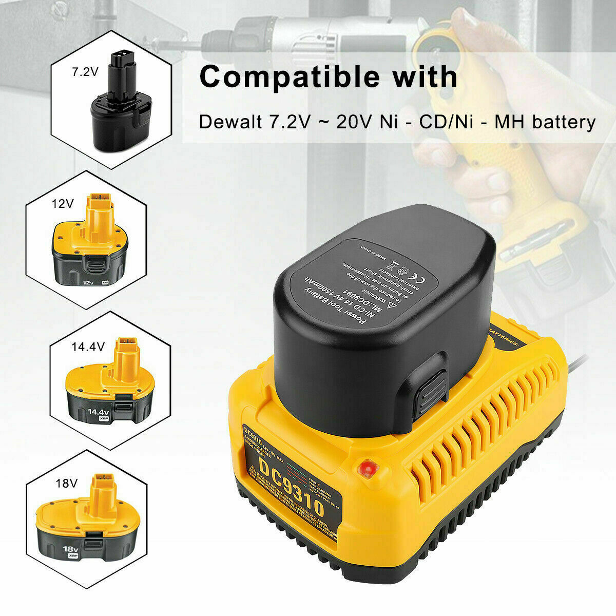 Fast Battery Charger DC9310 for Dewalt DC9096 7.2V-18V XRP Ni-Cd/Ni-Mh DC9098 US