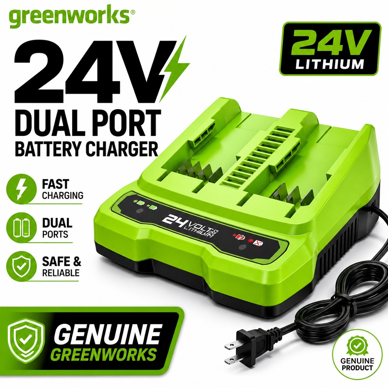 Greenworks 24V 4A Dual Port Charger 2961702 Greenworks 2961702 841821007867