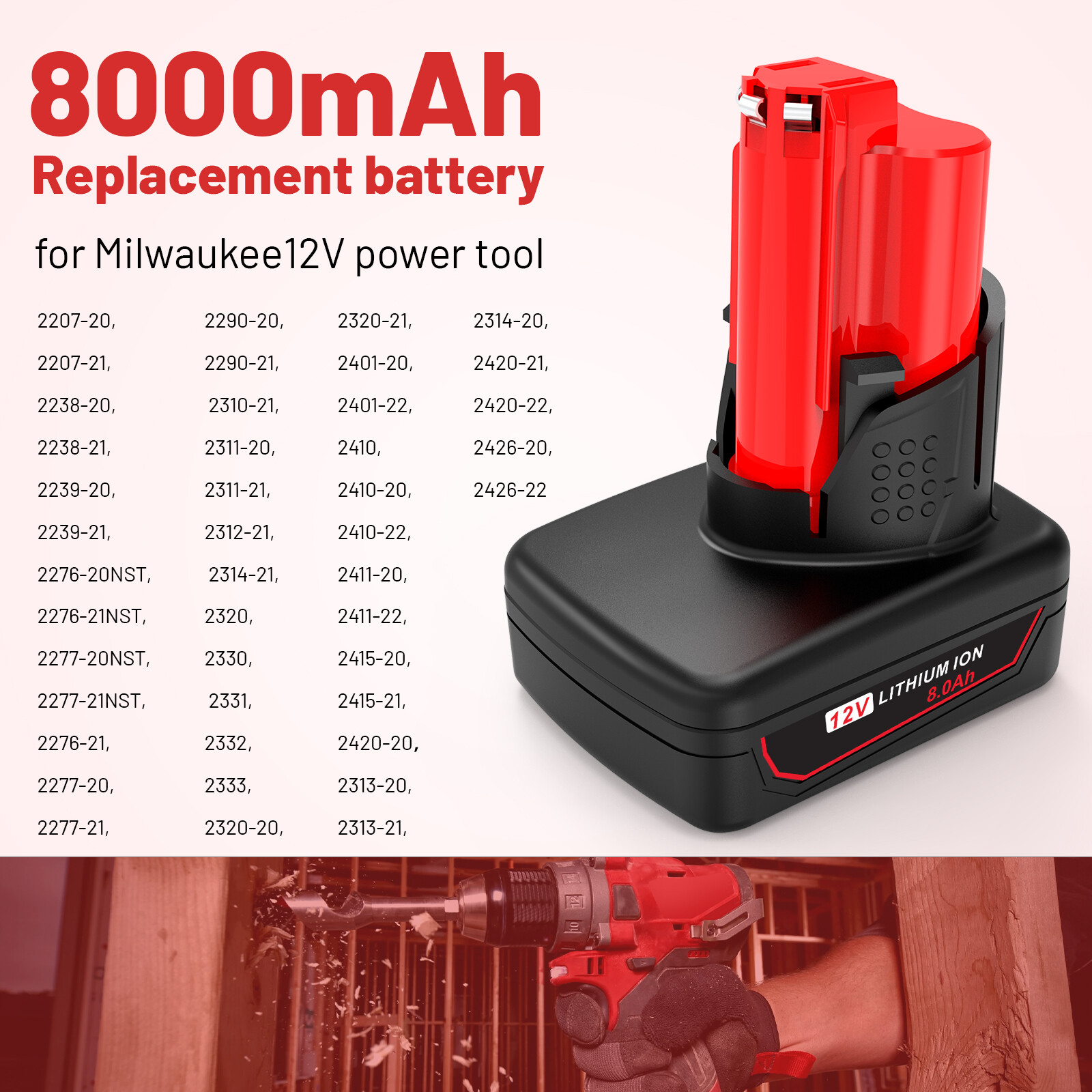 For Milwaukee for M12 12V Lithium 8.0Ah Extended Capacity Battery 48-11-2460 US