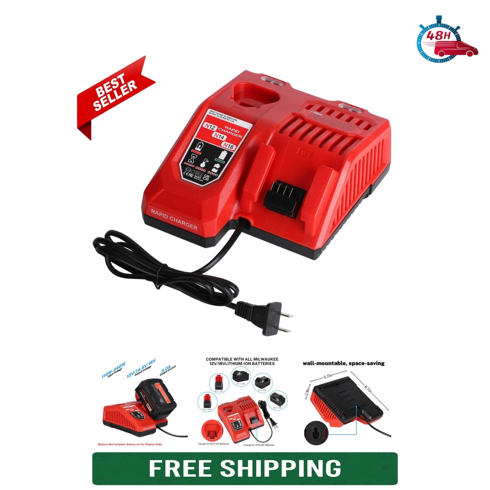 Replacement Rapid Charger for Milwaukee 12V 18V Batteries – Dual-Port