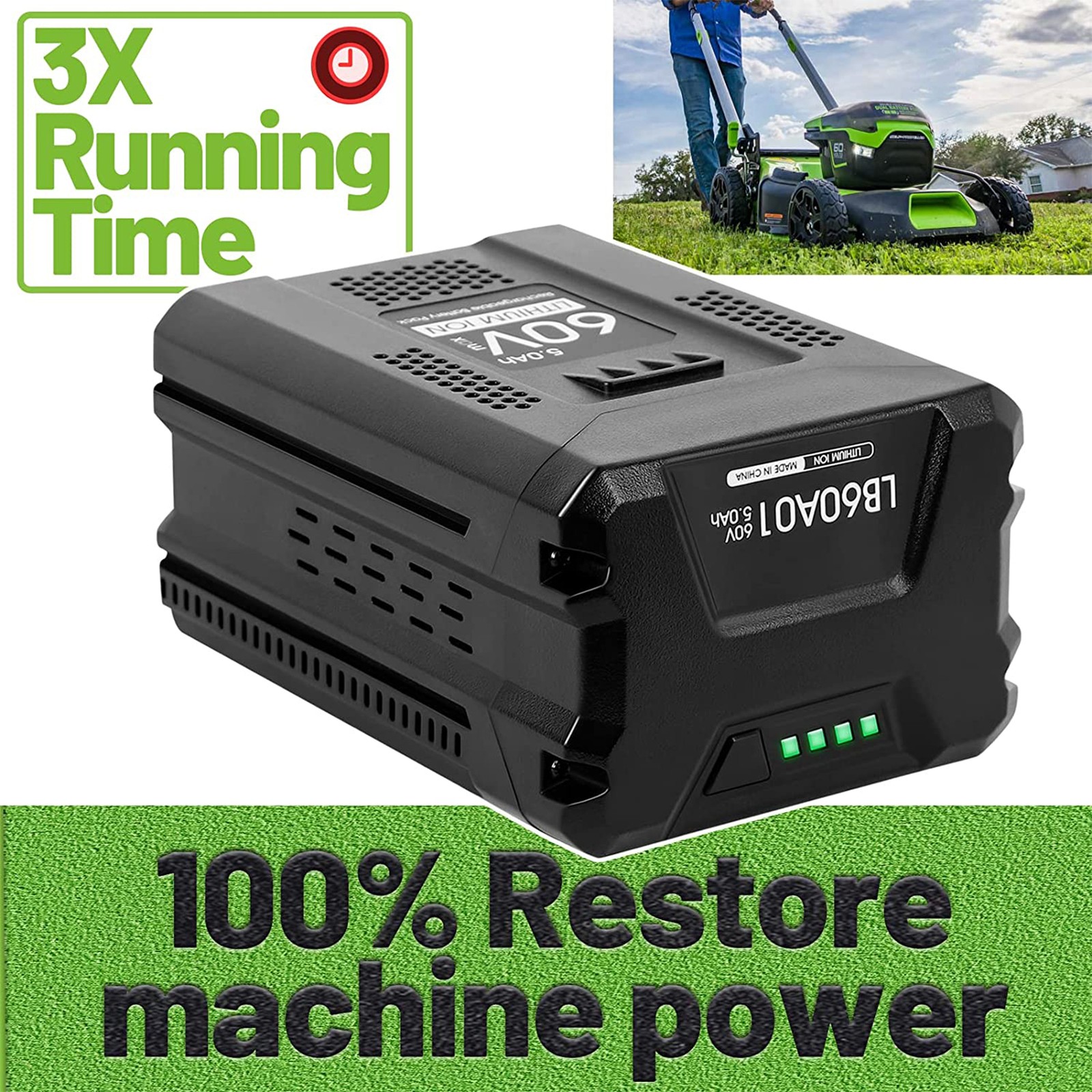 2Pack 5.0Ah Li-Ion Battery + 6A Rapid Charger Kit For Greenworks 60V Power Tools