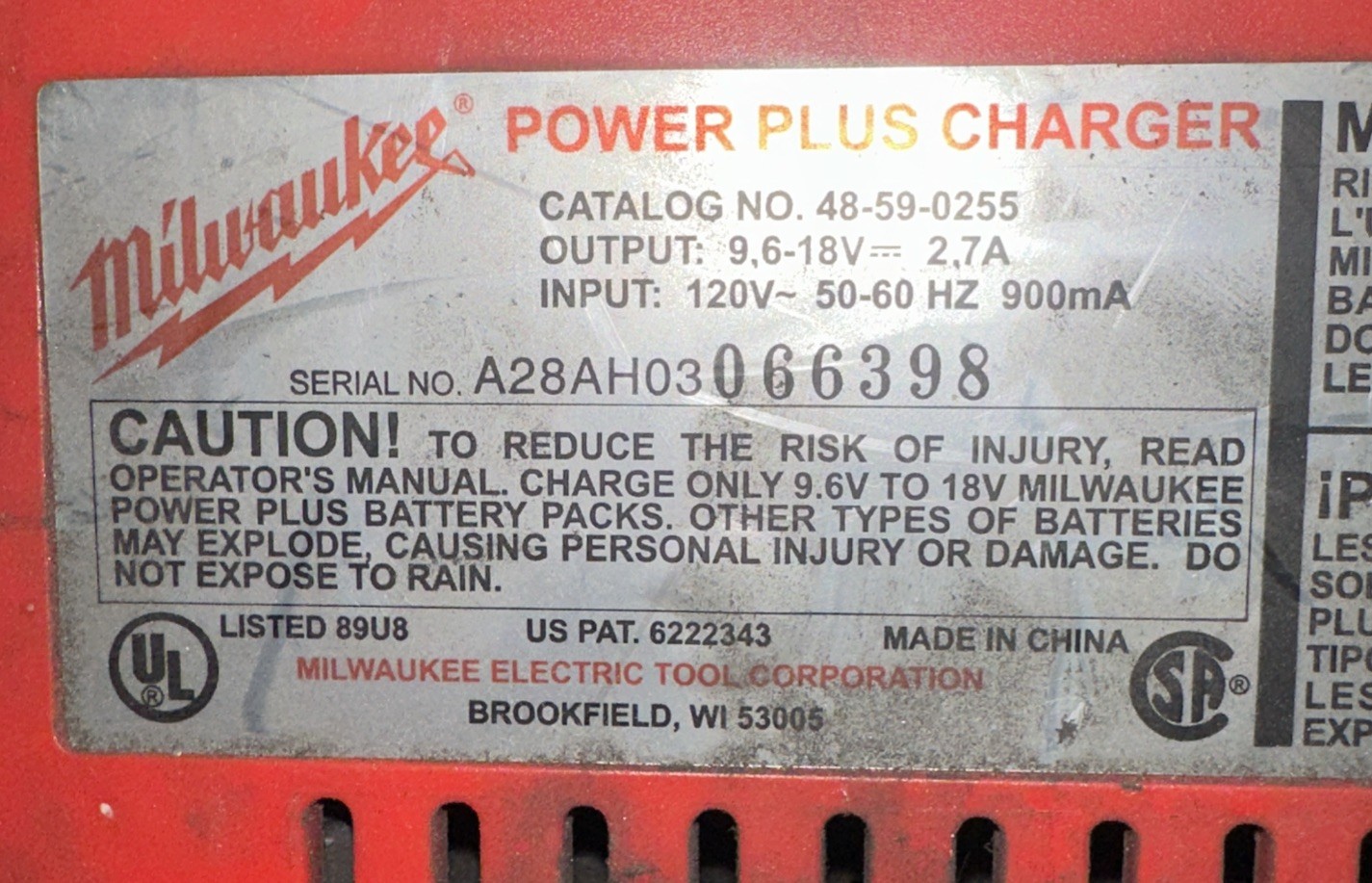 Milwaukee Power Plus Universal Battery Charger 9.6V-18V NiCd/NiMH 120V 2.7A USA