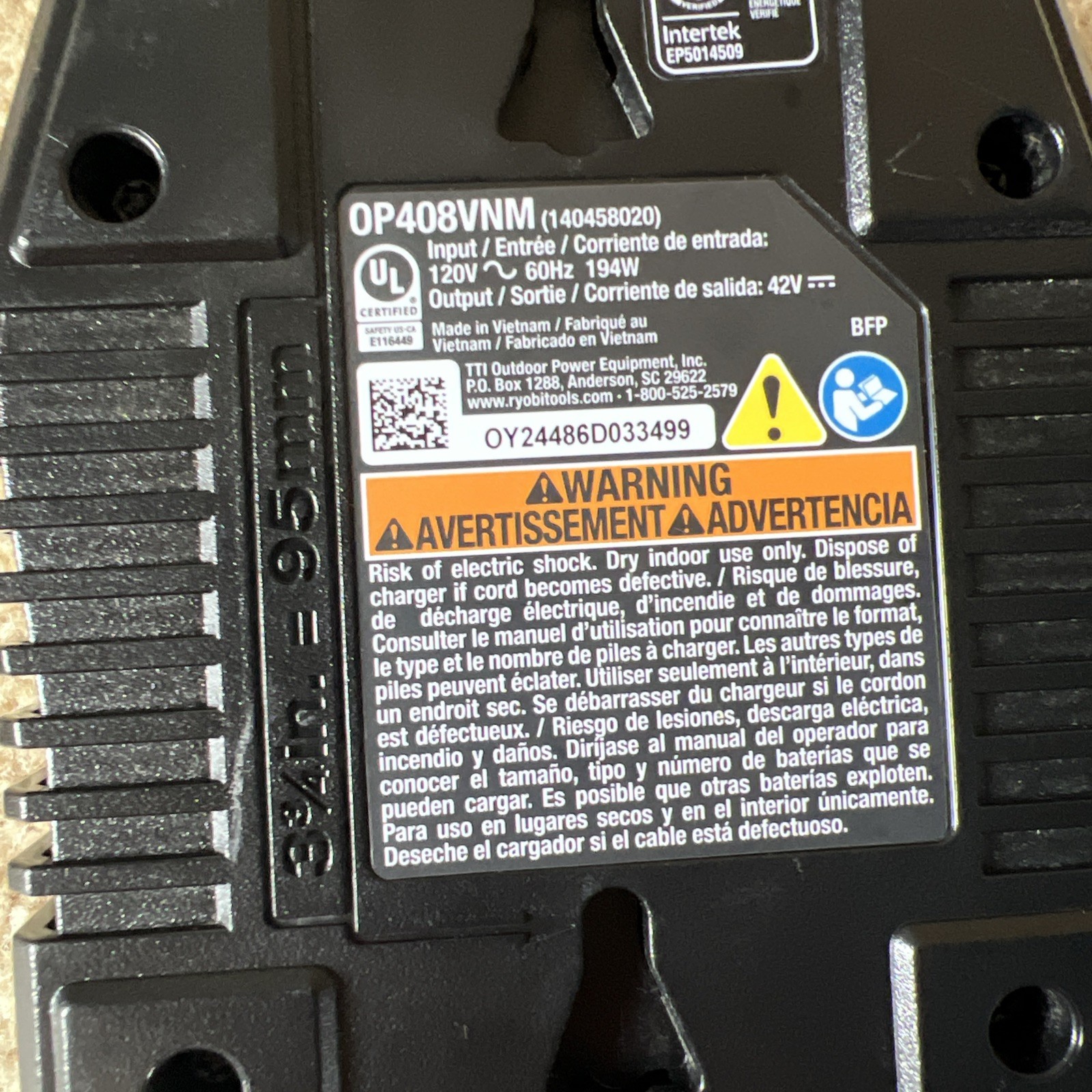 RYOBI 40V Lithium-Ion Power Tool Battery Charger OP408VNM.no Original Box