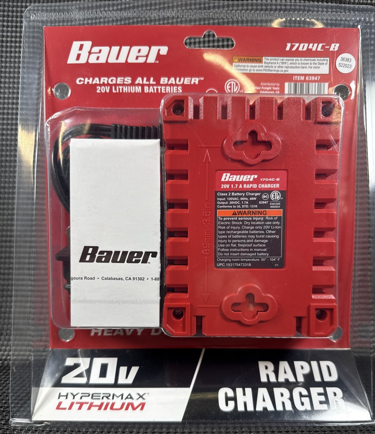 Bauer Hypermax Lithium 20V Rapid Battery Charger Model 1704C-B – Factory Sealed