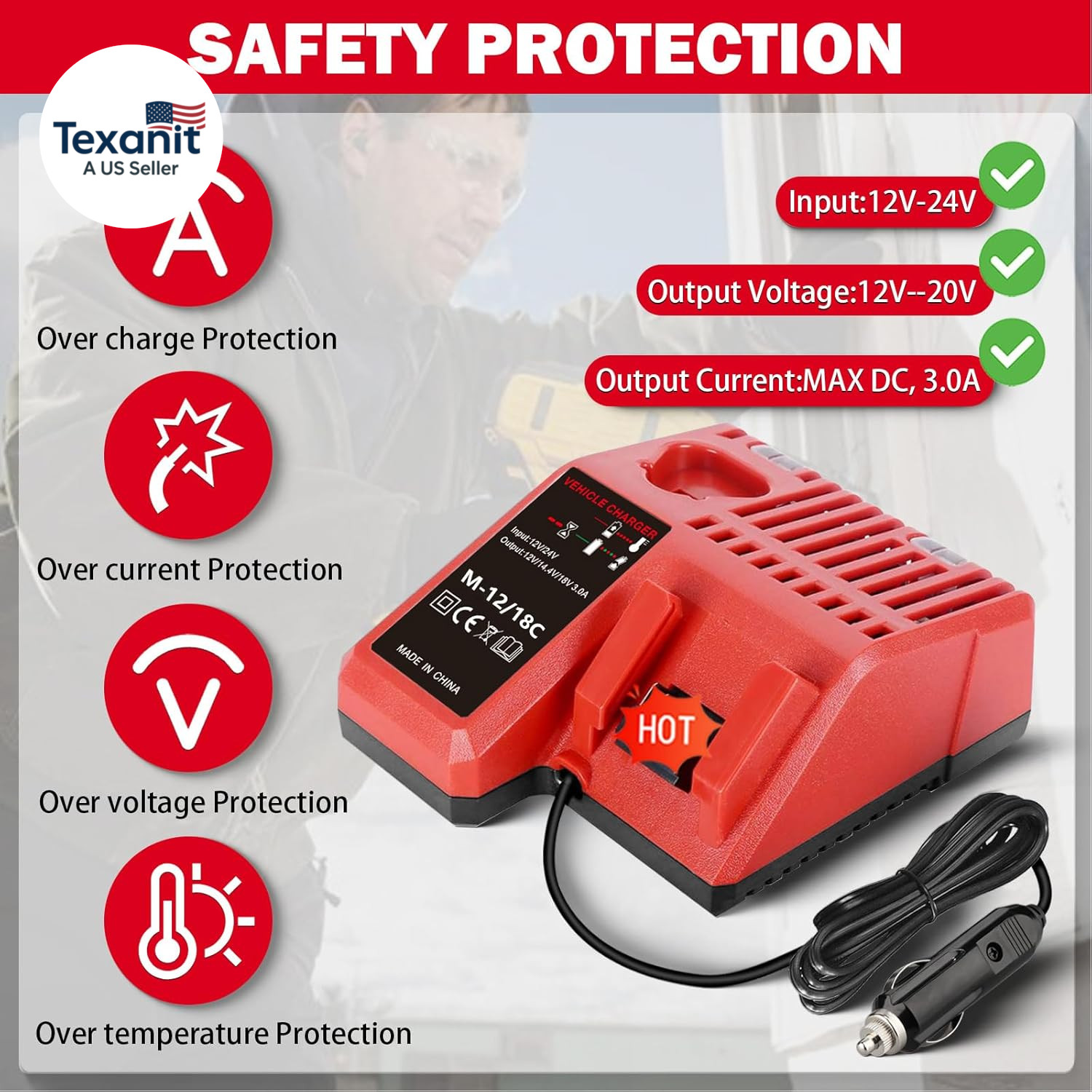 Car Charger for Milwaukee 12V – 18V Battery XC Lithium-Ion, for M12 and for M18