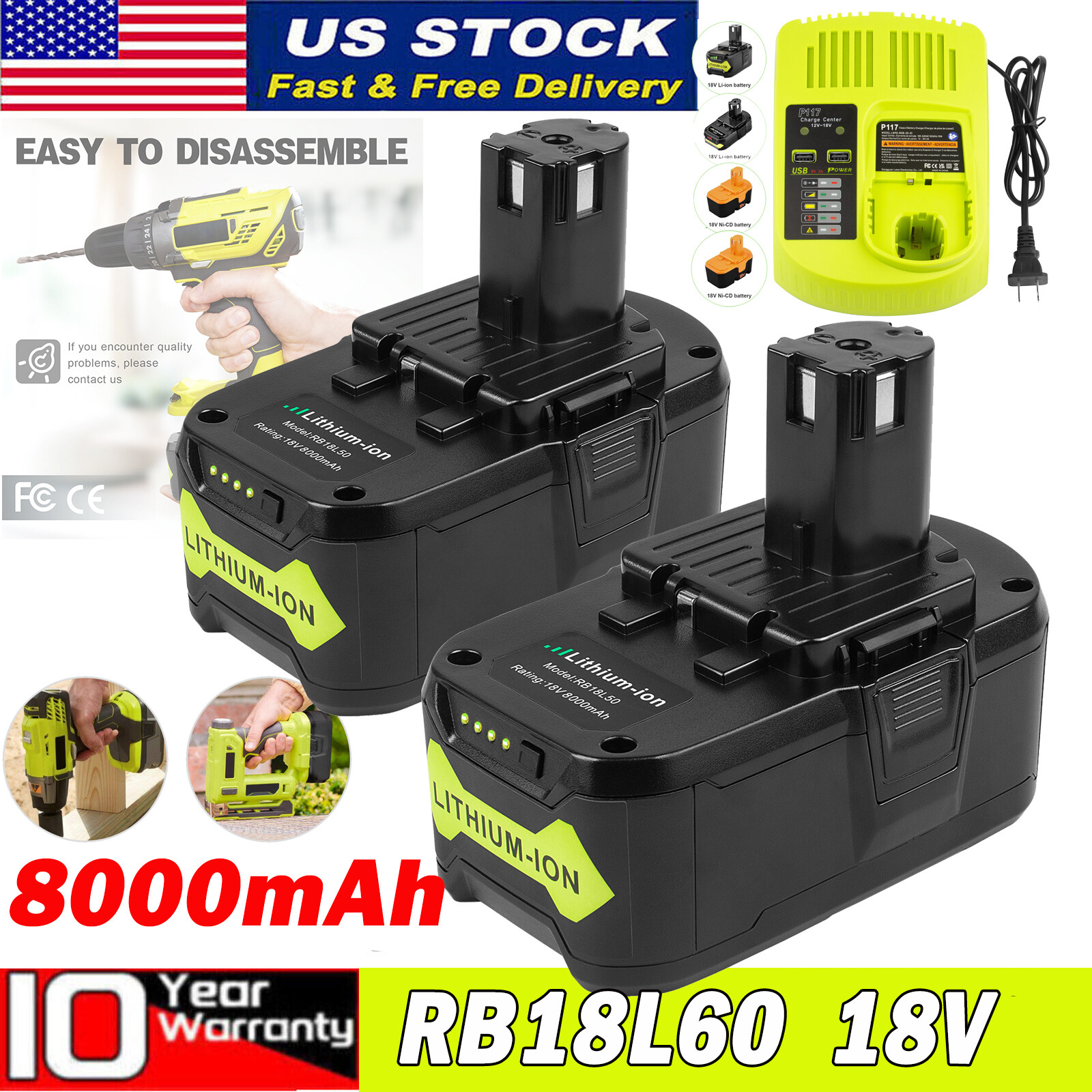 12Ah 6Ah 8Ah For RYOBI P108 18V High Capacity Battery 18Volt Lithium-Ion Rb18l60