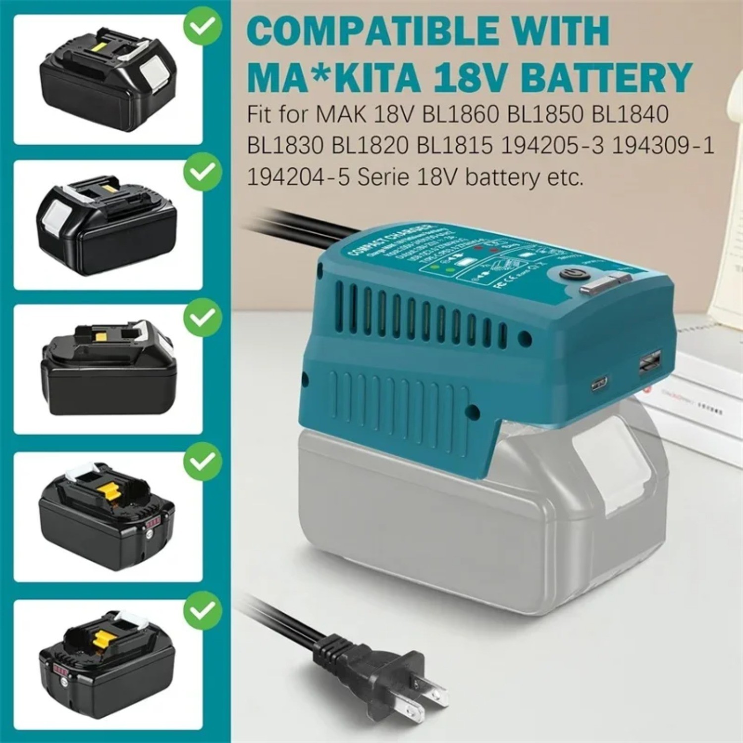 Portable Fast Charger for Makita 18V with USB Type -C Output 110V 3A Travel