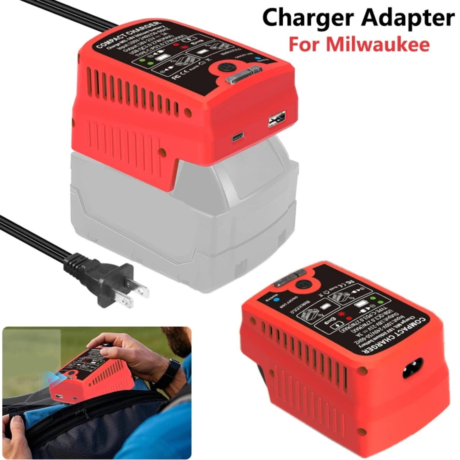 Portable Fast Charger for Milwaukee 18V with USB Type -C Output 110V 3A Travel