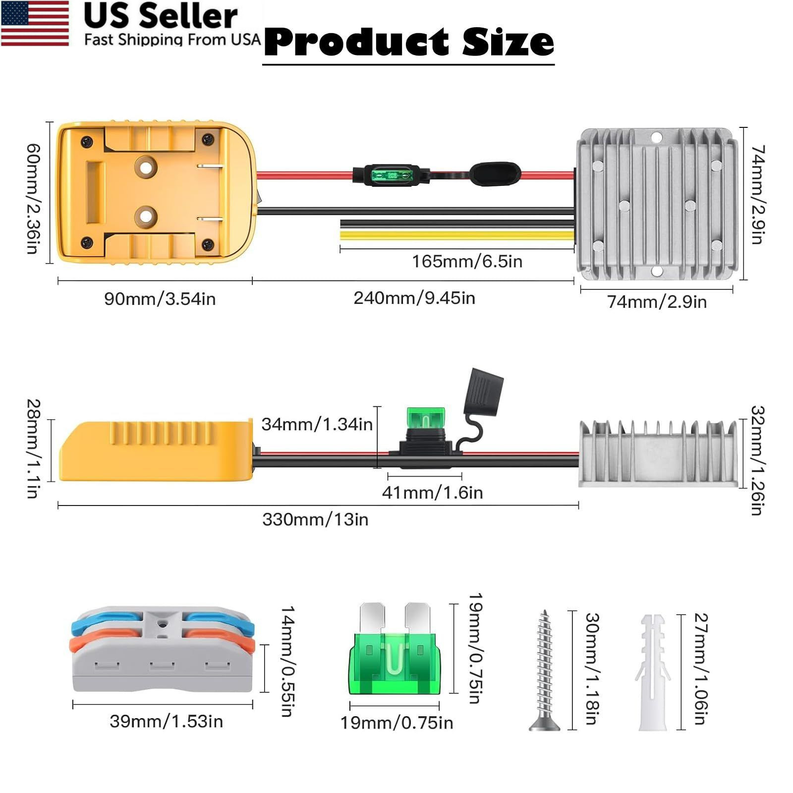 20V to 12V Step Down Converter for Dewalt Battery, With 30A Fuse and Switch