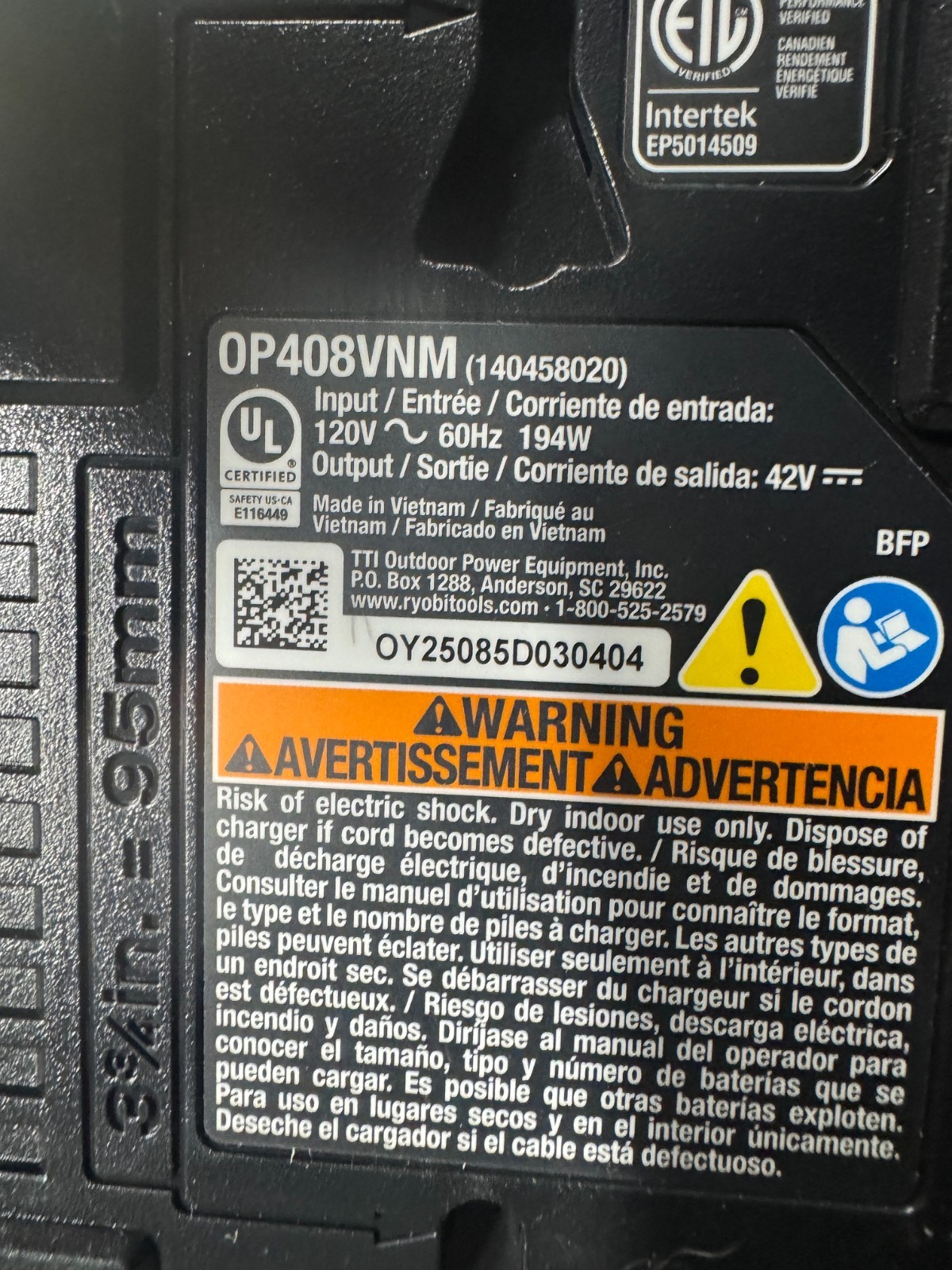 Ryobi OP408VNM 40V Fast Charger OEM Genuine Charger Only Tested Working
