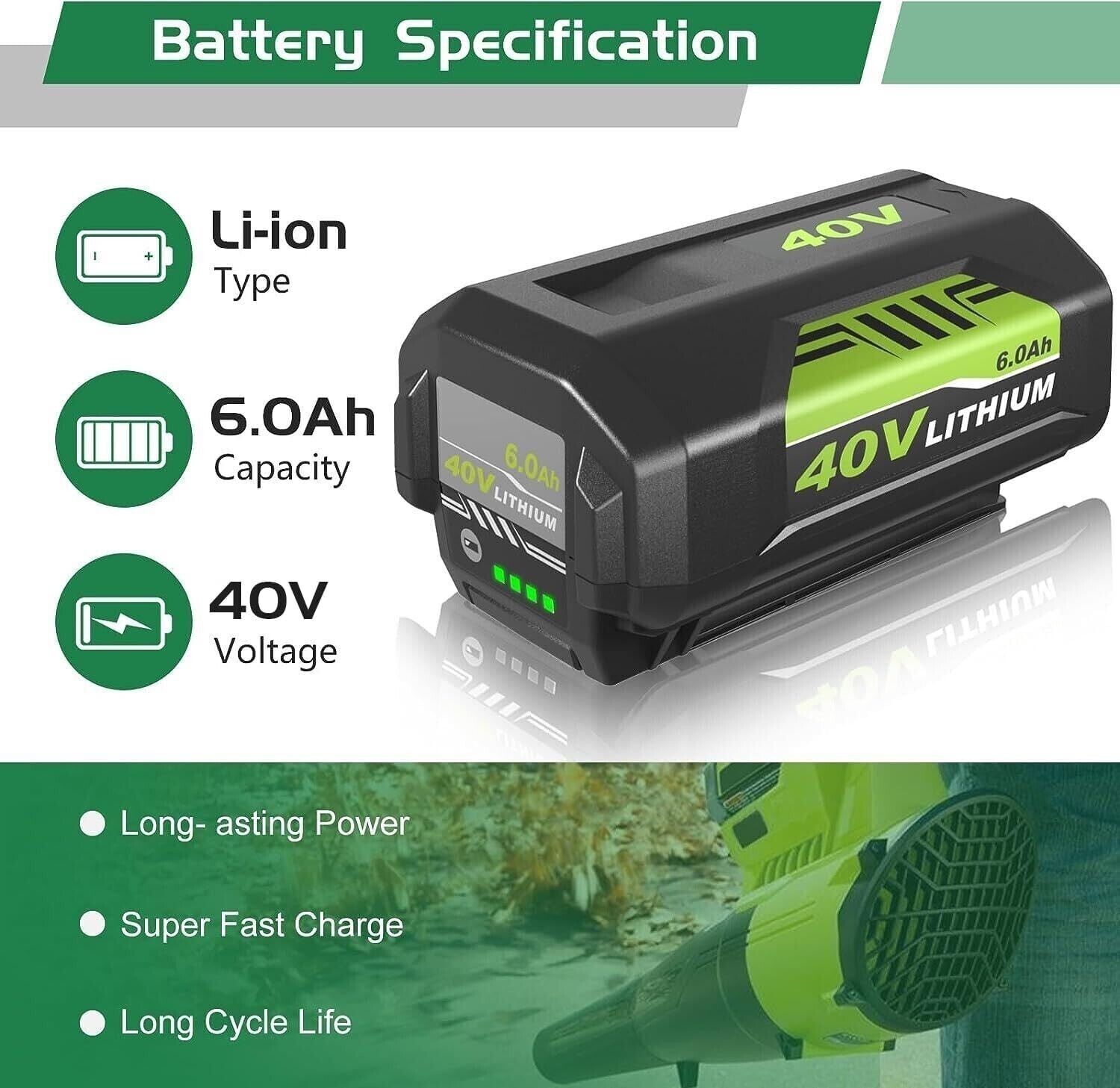 Pack 6.0Ah Replacement for Ryobi 40V Lithium OP40602 Battery With LED/Charger