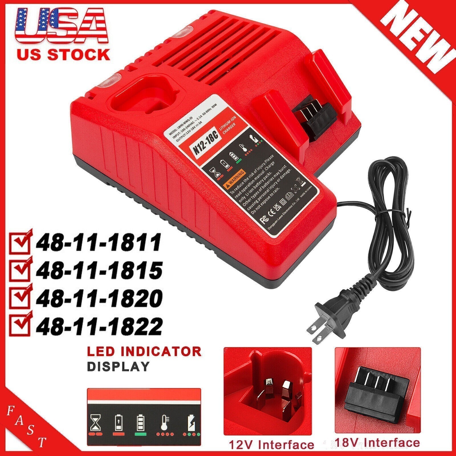 Charger For Milwaukee for M18 18V Battery Lithium 48-59-1812 1860 48-11-1860 NEW