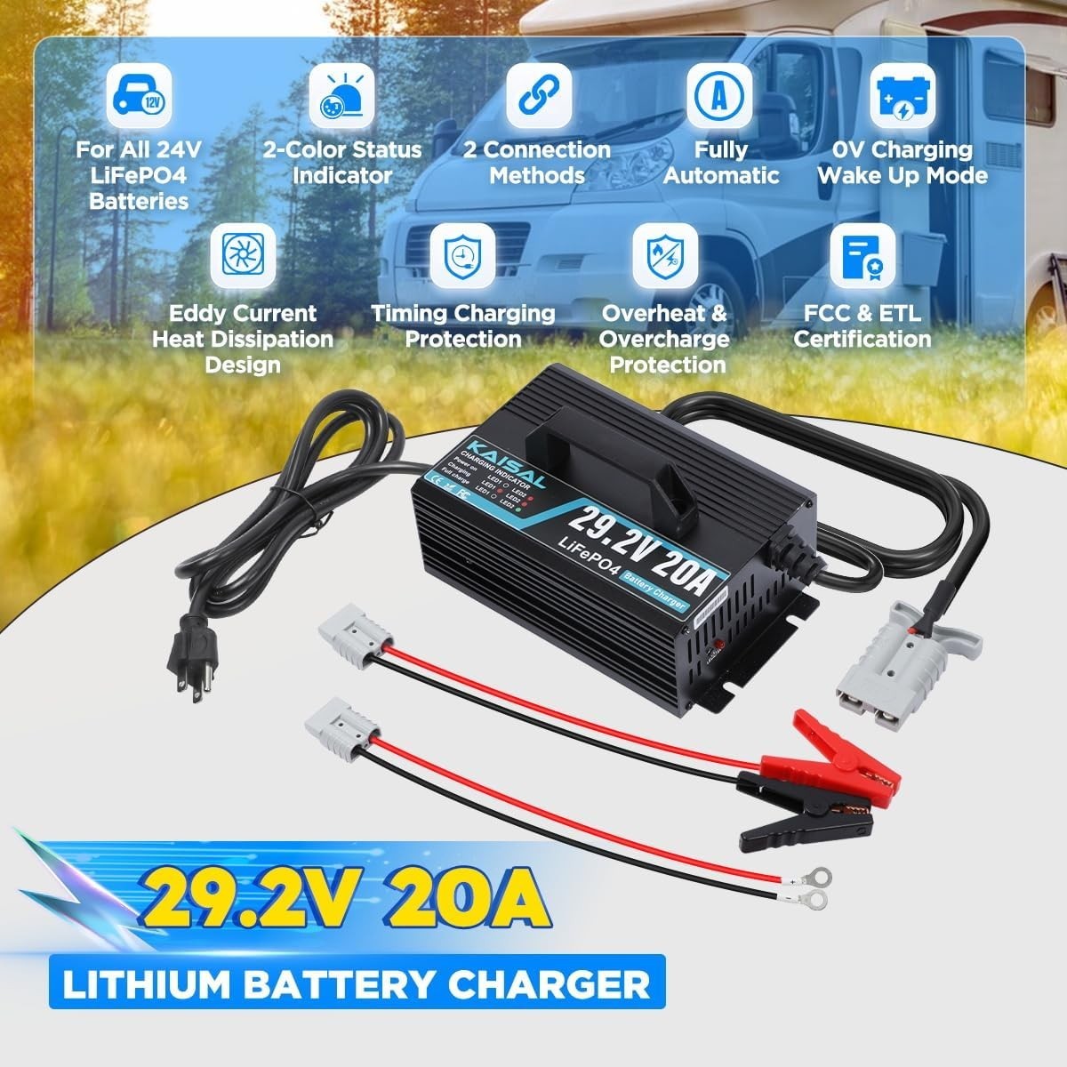 Smart 24V 20A LiFePO4 Battery Charger with LED Indicators for Off-Grid Solutions