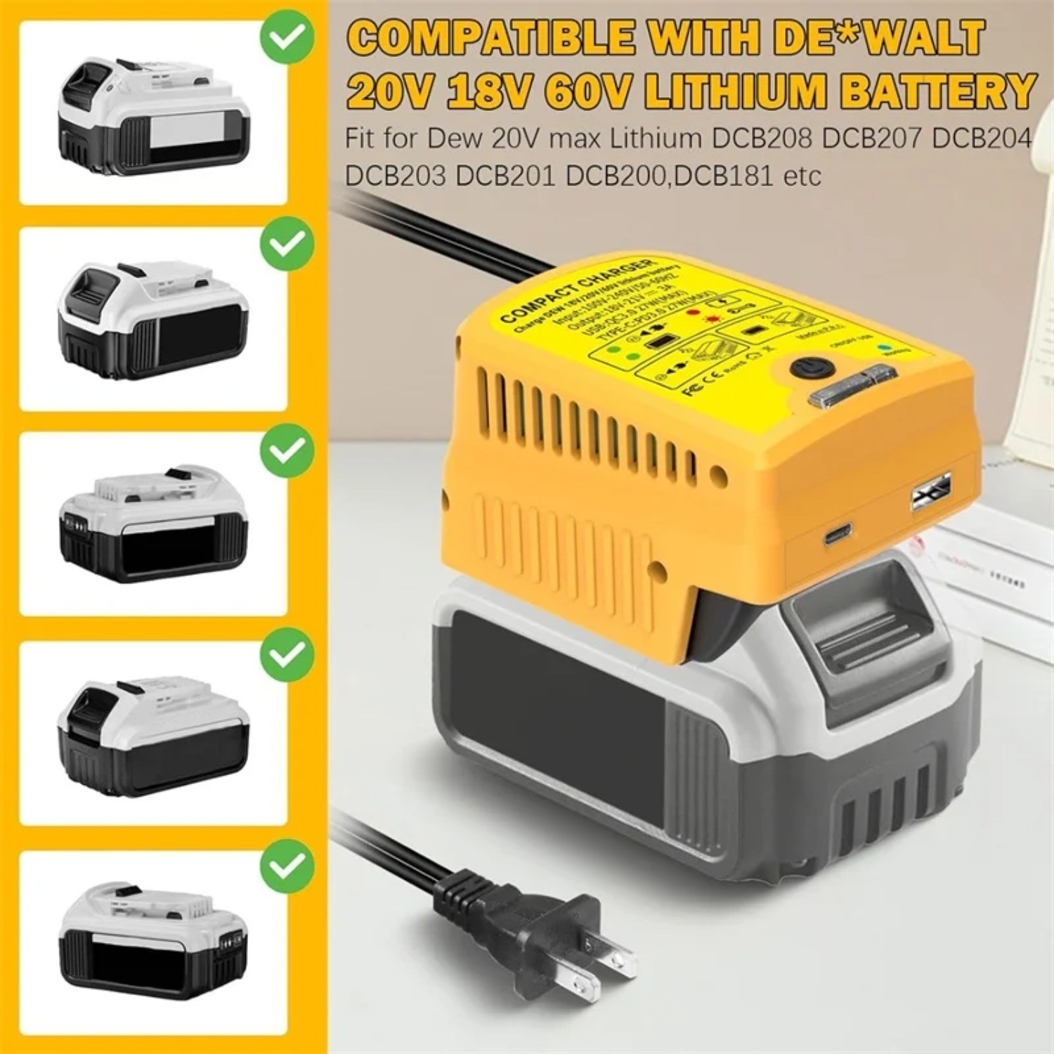 Portable Fast Charger for Dewalt 20V with USB Type -C Output 110V 3A Travel