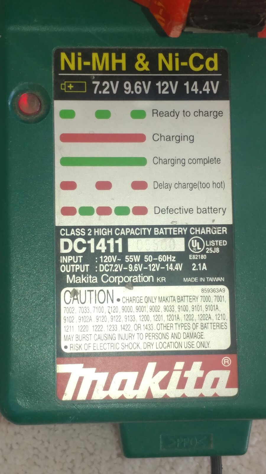 Genuine Makita DC1411 Charger Both Ni-Mh & Ni-Cd 7.2V, 9.6V, 12V, 14.4V