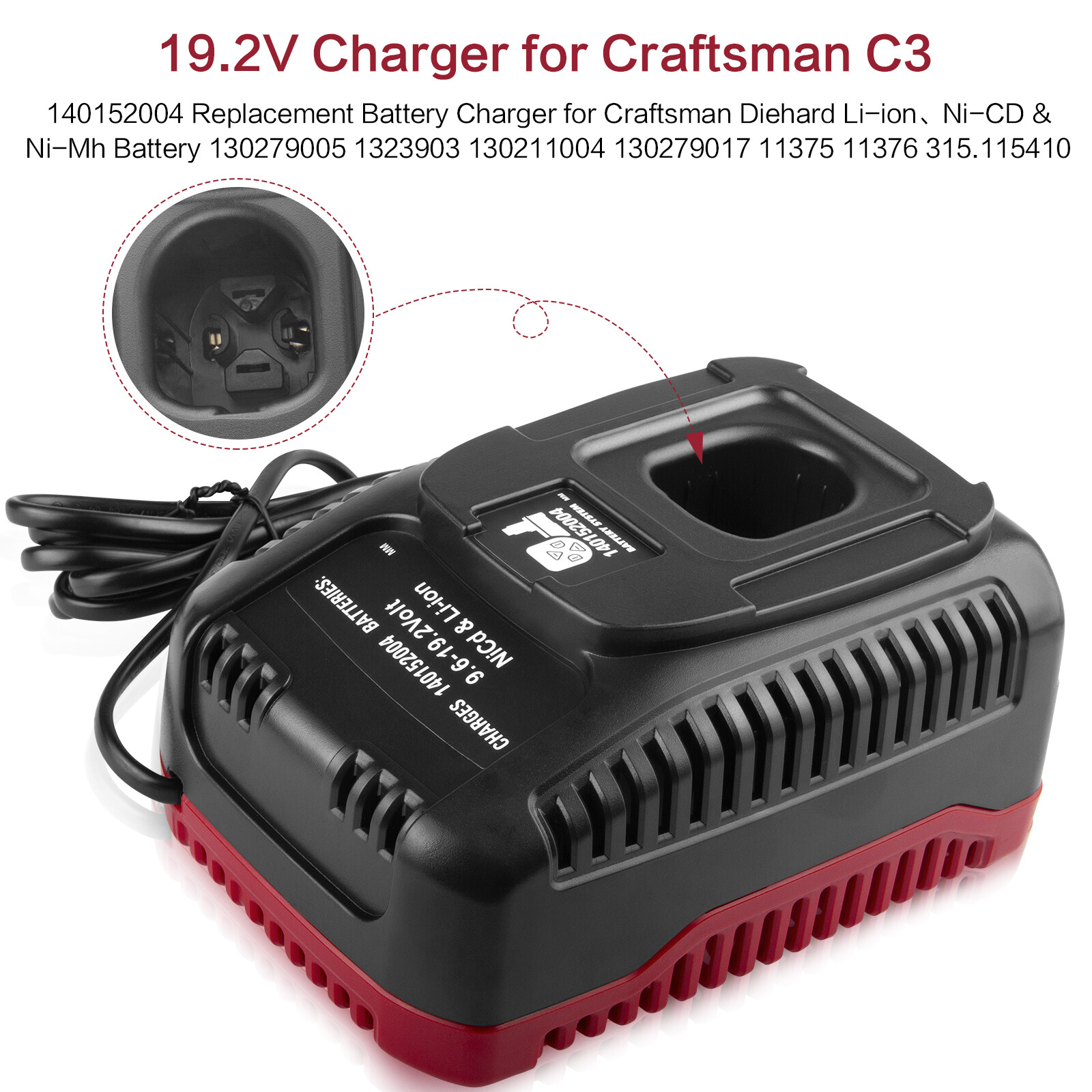 Battery Charger for Craftsman Diehard C3 9.6-19.2V XCP Ni-Cd Lithium-Ion Battery