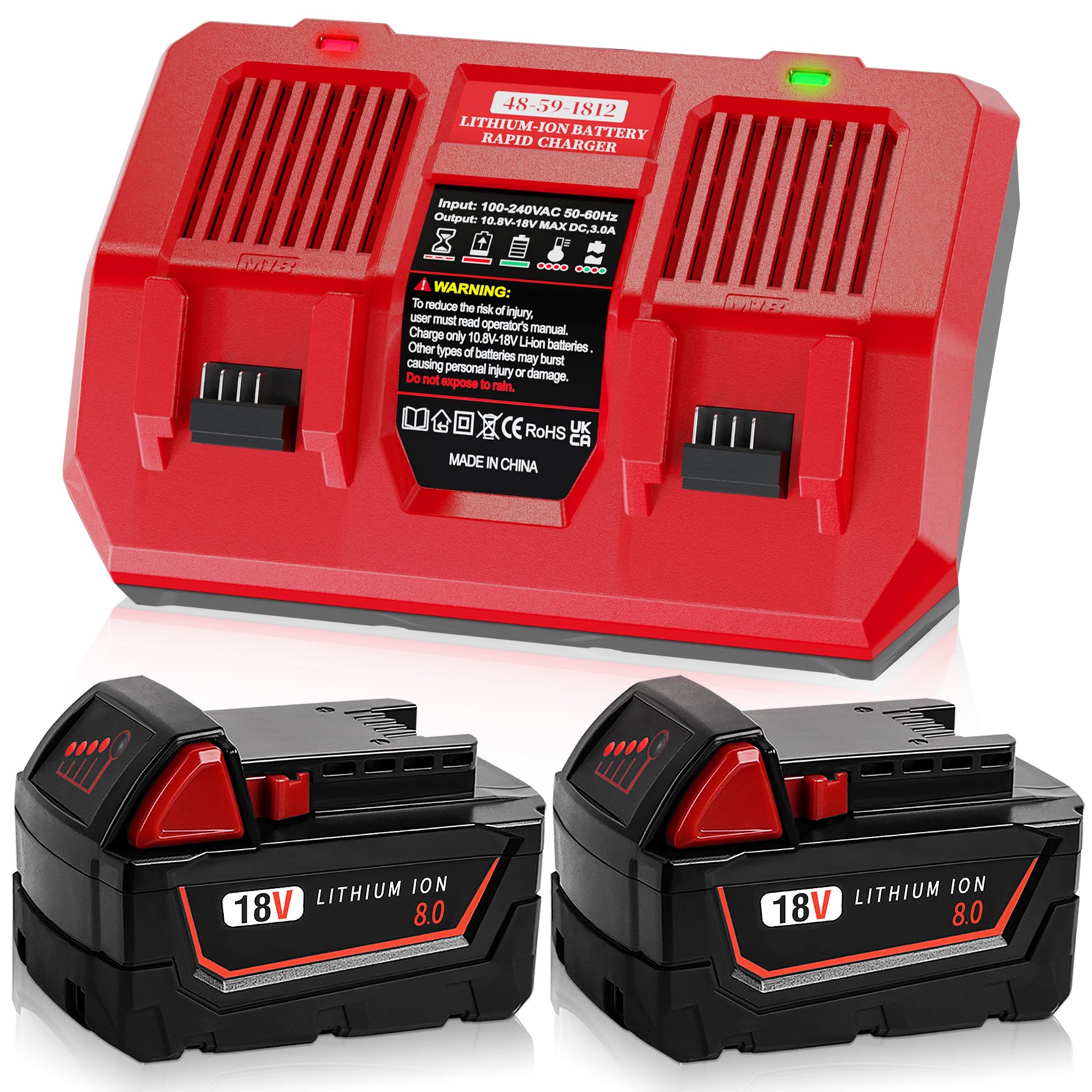 2 Pack 18V 8.0 Ah Battery and 2-Port Charger Kit For Milwaukee M-18 4811-1862