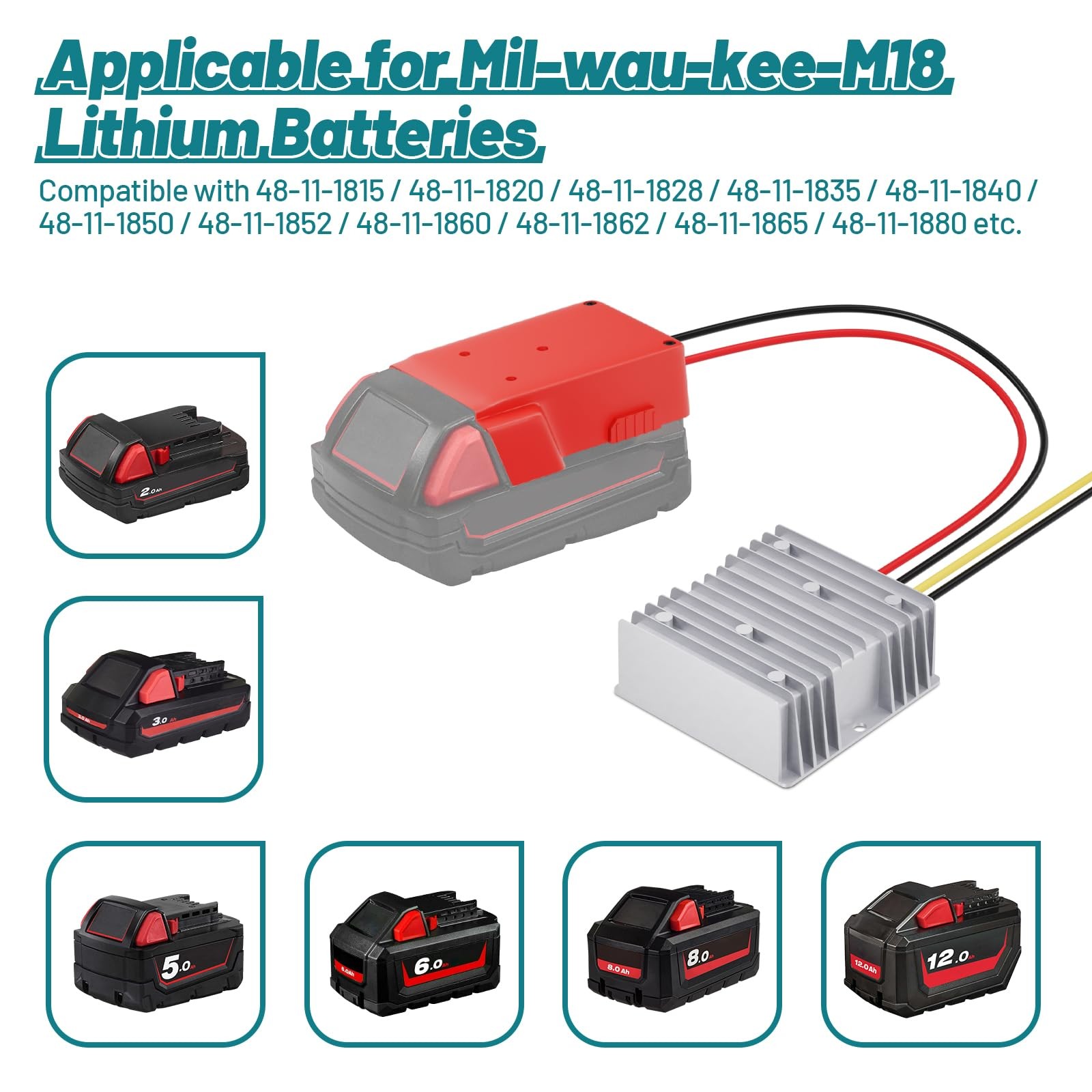 18V to 12V Step-Down Converter for Milwaukee M18 Battery Adapter, DC red