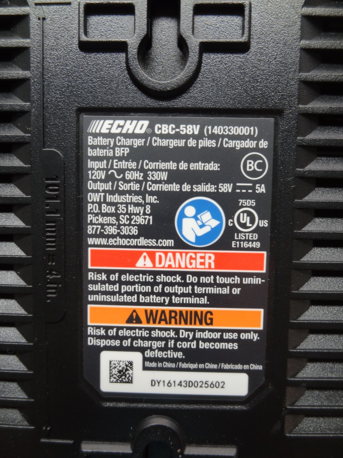 ECHO CBC-58V Battery Charger Quick Charge Power Lawn Tool Corded Wall Li-Ion Bat