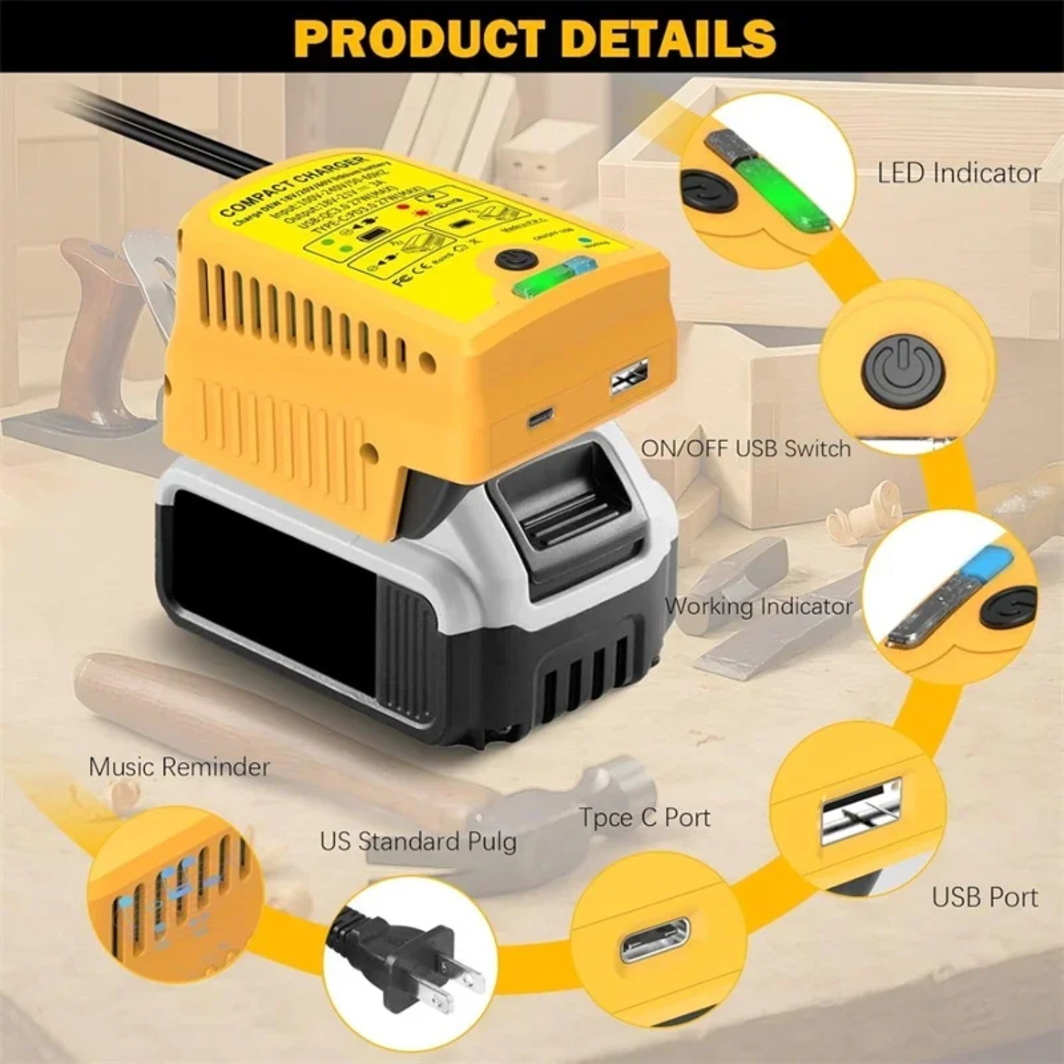 Portable Fast Charger for Dewalt 20V with USB Type -C Output 110V 3A Travel