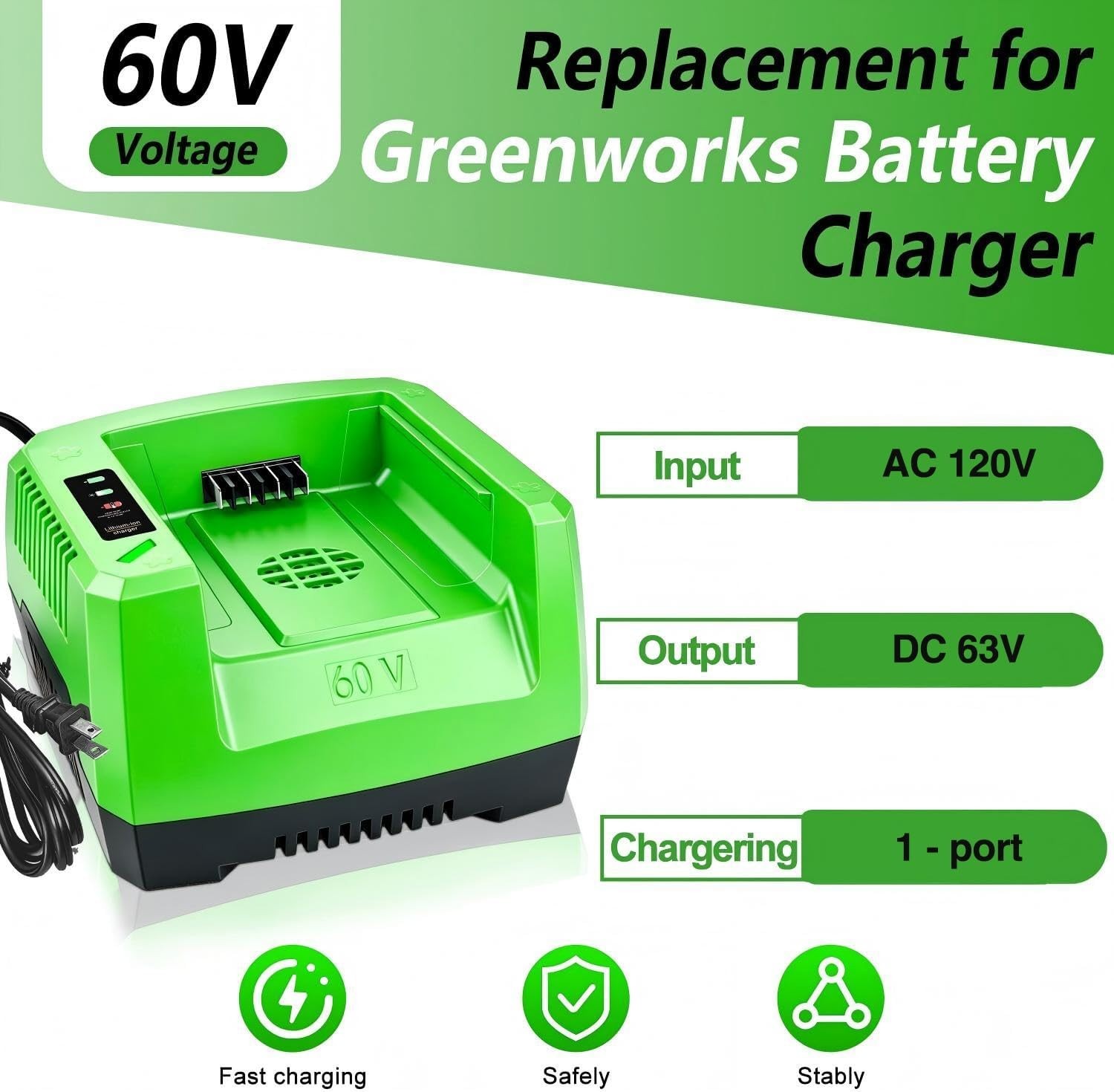 Quick Charge Greenworks 60V Charger with LED Indicator & Safety Features