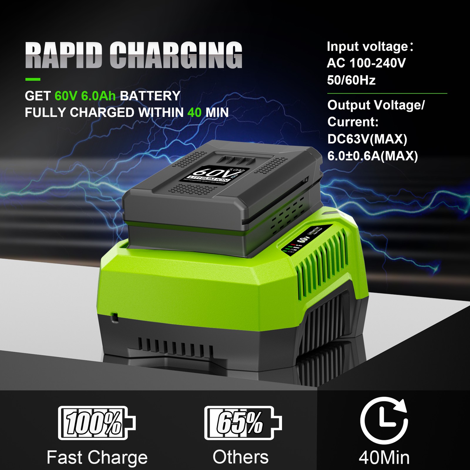 6A Rapid Battery Charger For Greenworks 60V CH60R00 2936902 60DPC10A CH60DP01