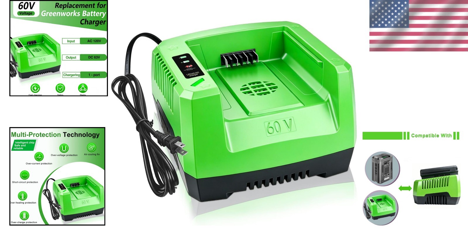 Quick Charge Greenworks 60V Charger with LED Indicator & Safety Features
