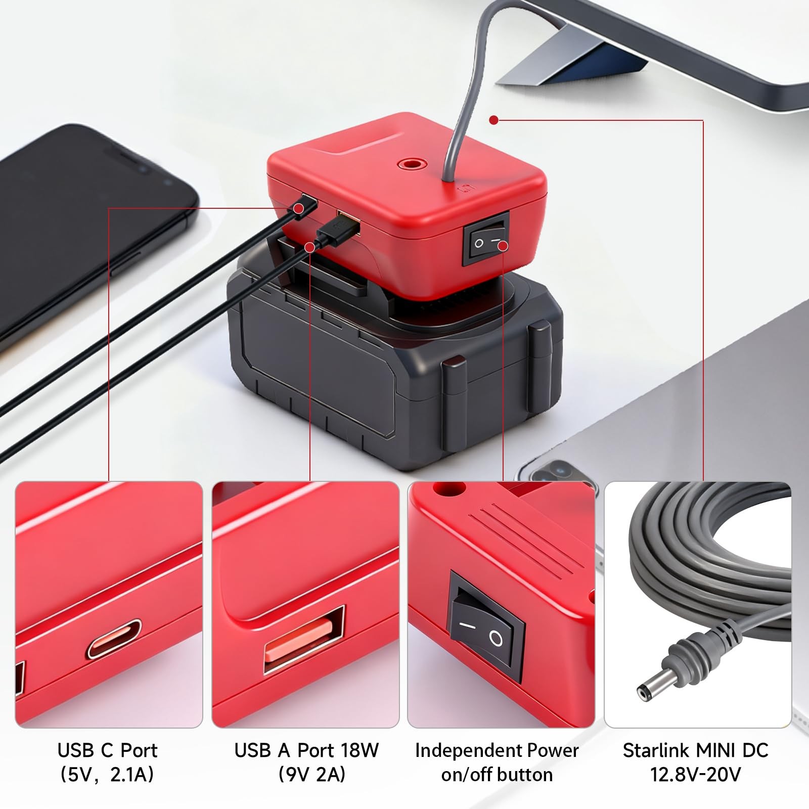 Starlink Mini Battery Adapter Compatible with Mil.waukee Batteries, Red