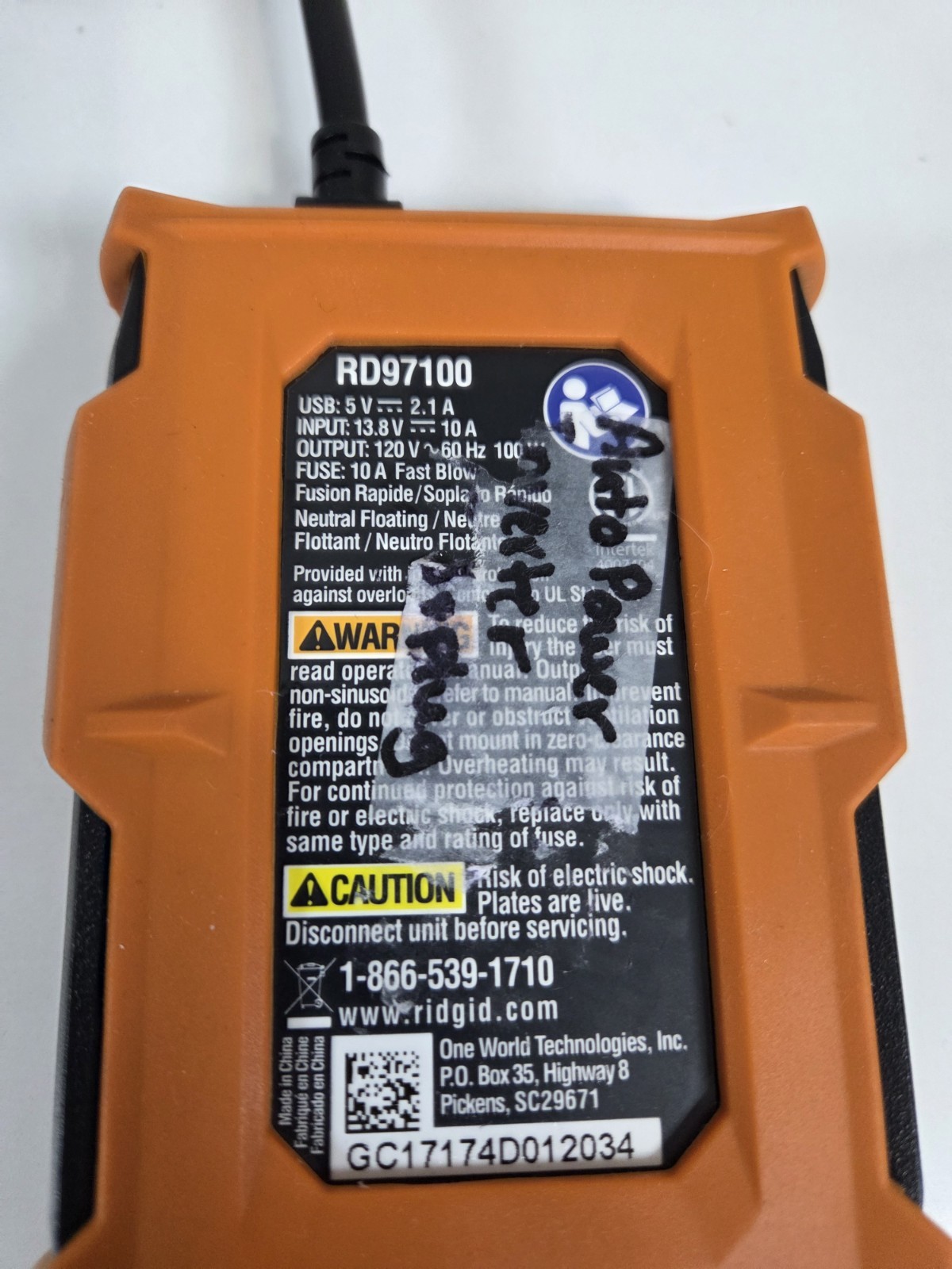 RIDGID RD97100 Orange Vehicle Power Tool Battery Charger w/ Car Plug Inverter