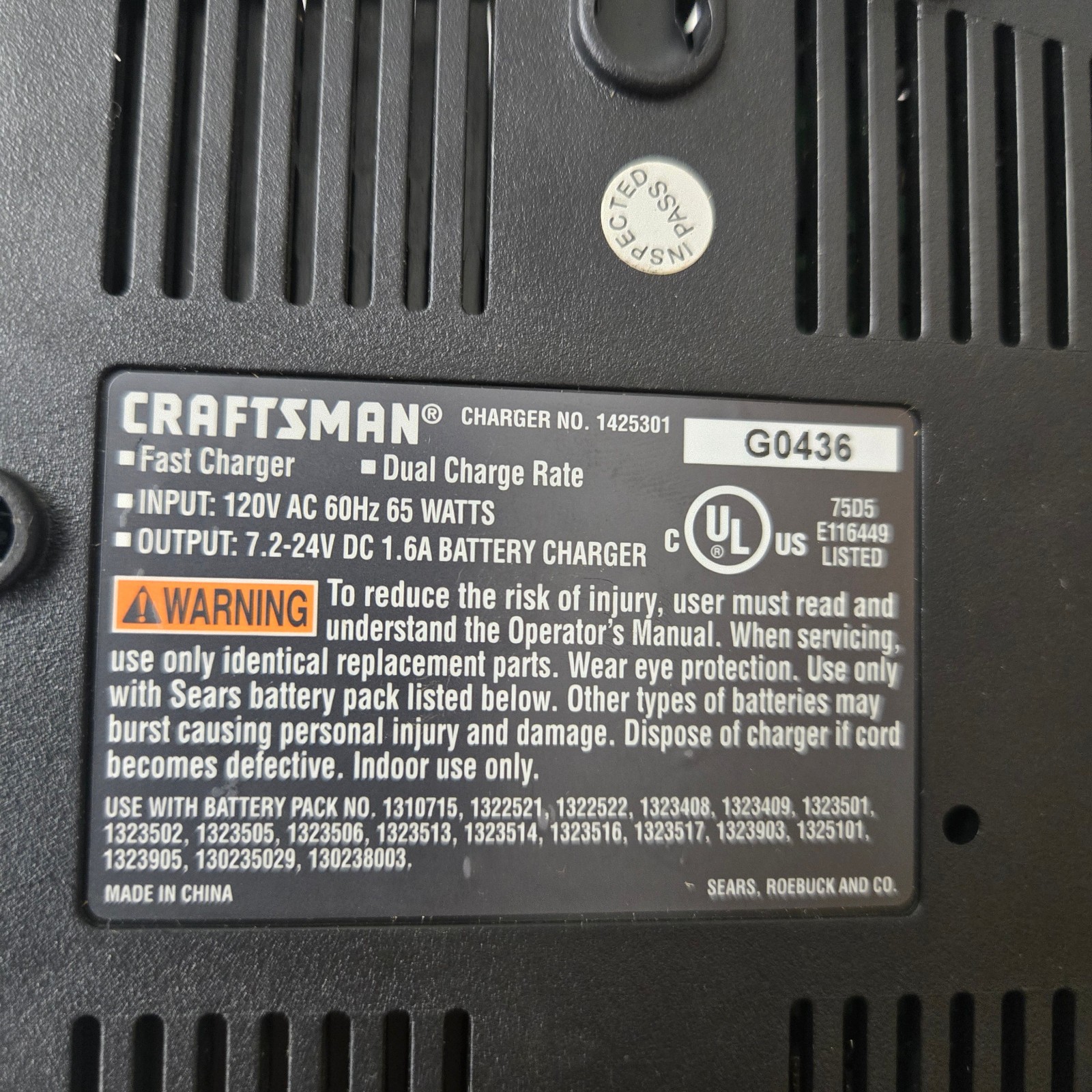 Craftsman Fast Battery Charger 1425301 7.2v 12v 18v 19.2v 24v OEM, Tested/Works