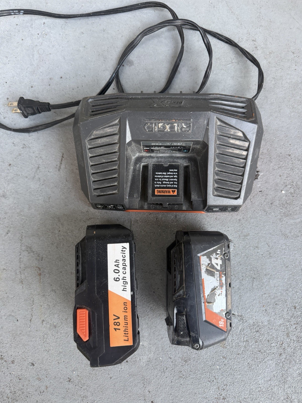 RIDGID 18V Lithium-Ion Battery Charger, 1-Bay, w/ 2 Batteries, Black